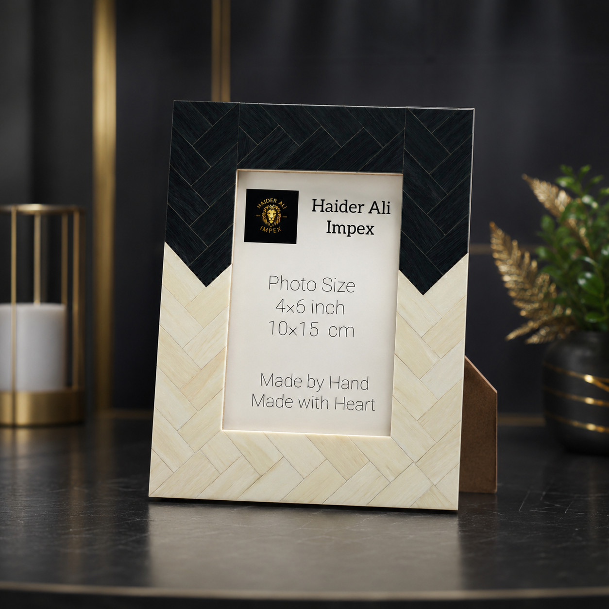 Herringbone Bone Inlay Picture Frame 4×6 Black White Geometric Office Desk Decor
