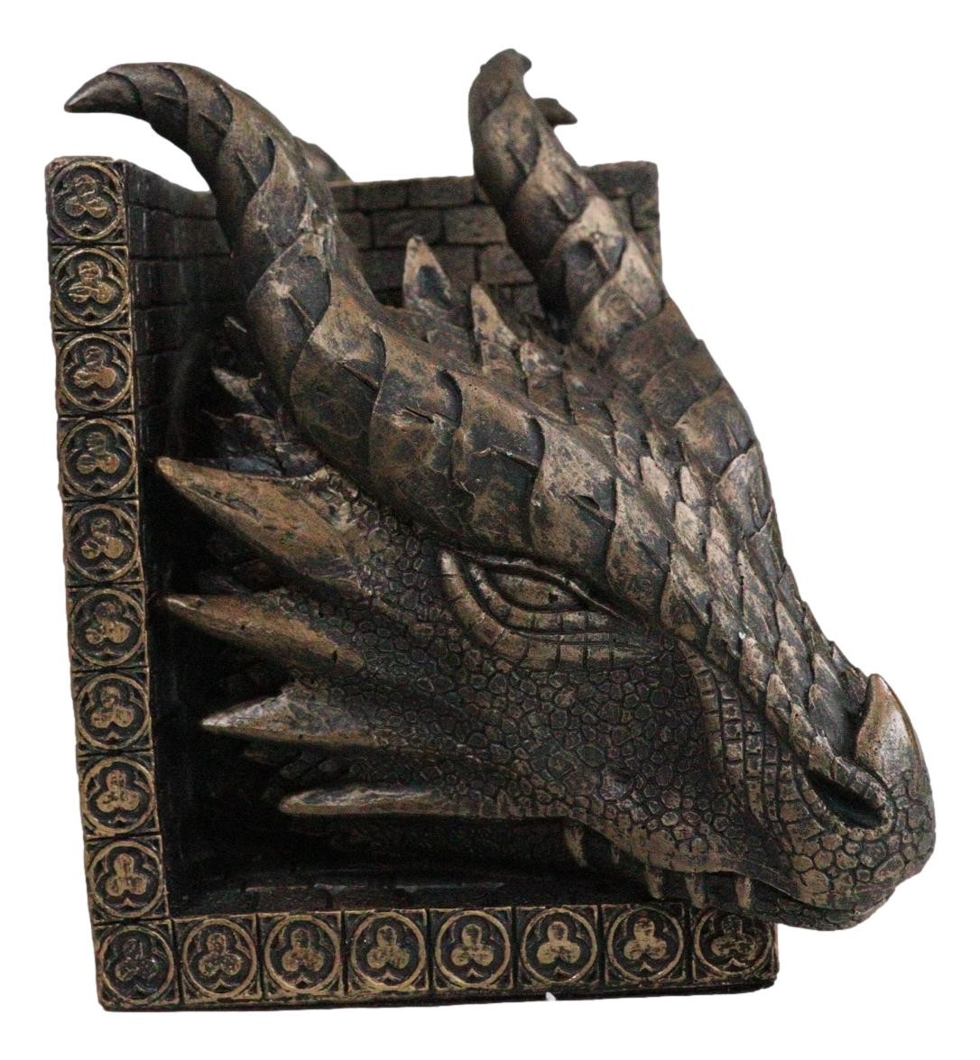 Guardians Of Bibliography Twin Dragon Heads On Pediment Bookends Statue Set