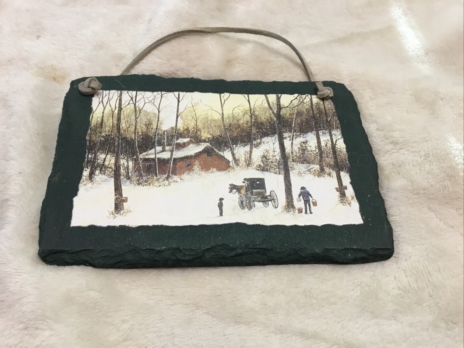 Vintage Slate Handpainted 6×5 Slate – Unknown Artist – Harvesting Maple Syrup