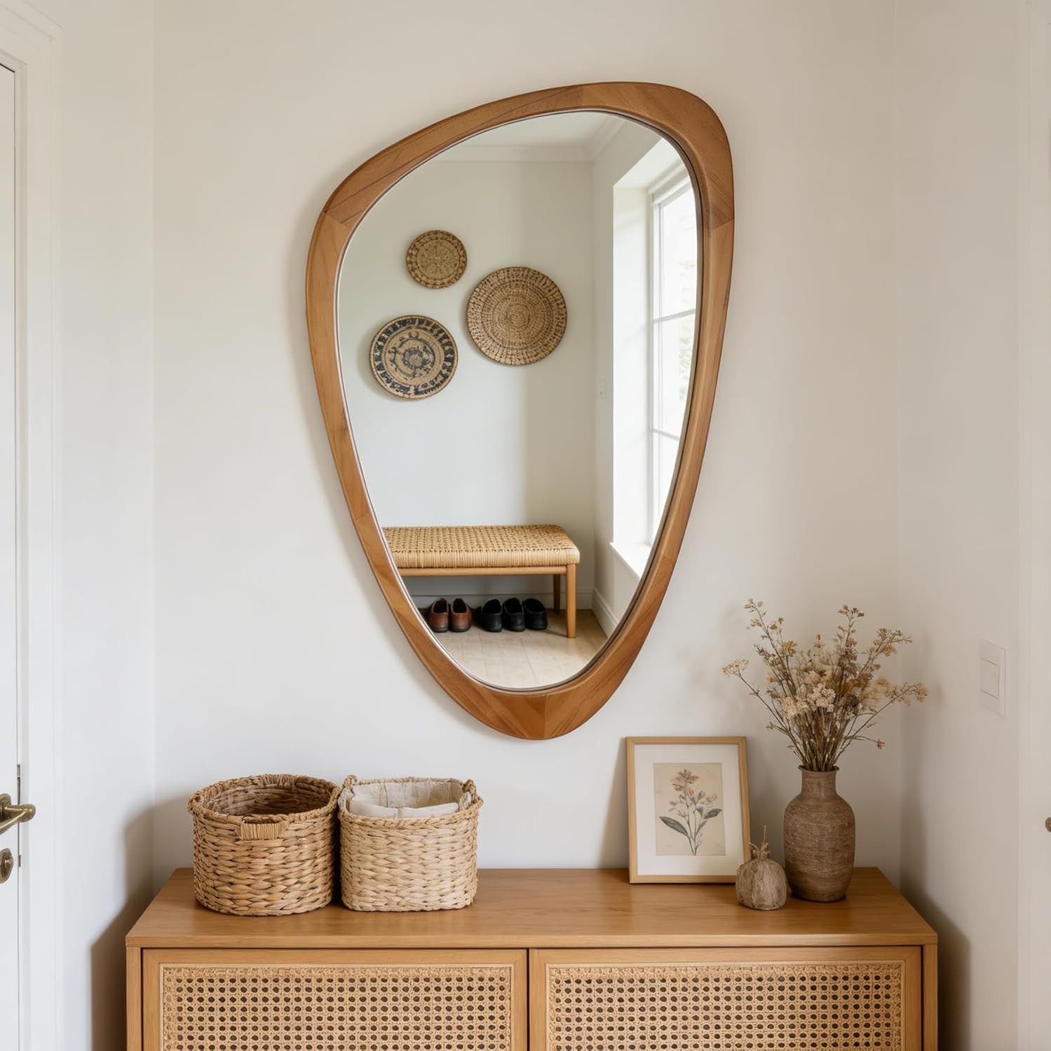 Asymmetrical Wall Mirror with Wooden Frame – 19×30 Inch Decorative Accent