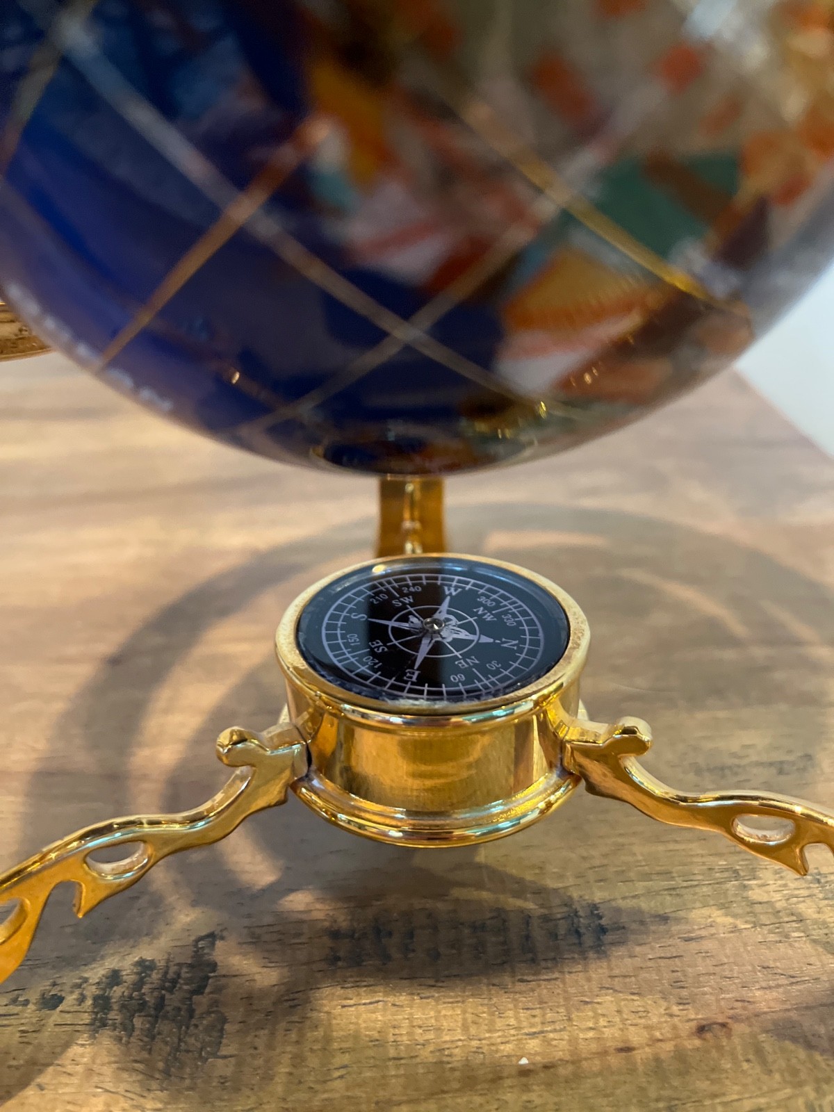 Tabletop 8’’ World Globe Semi-Precious Gemstones Blue Lapis Ocean Compass