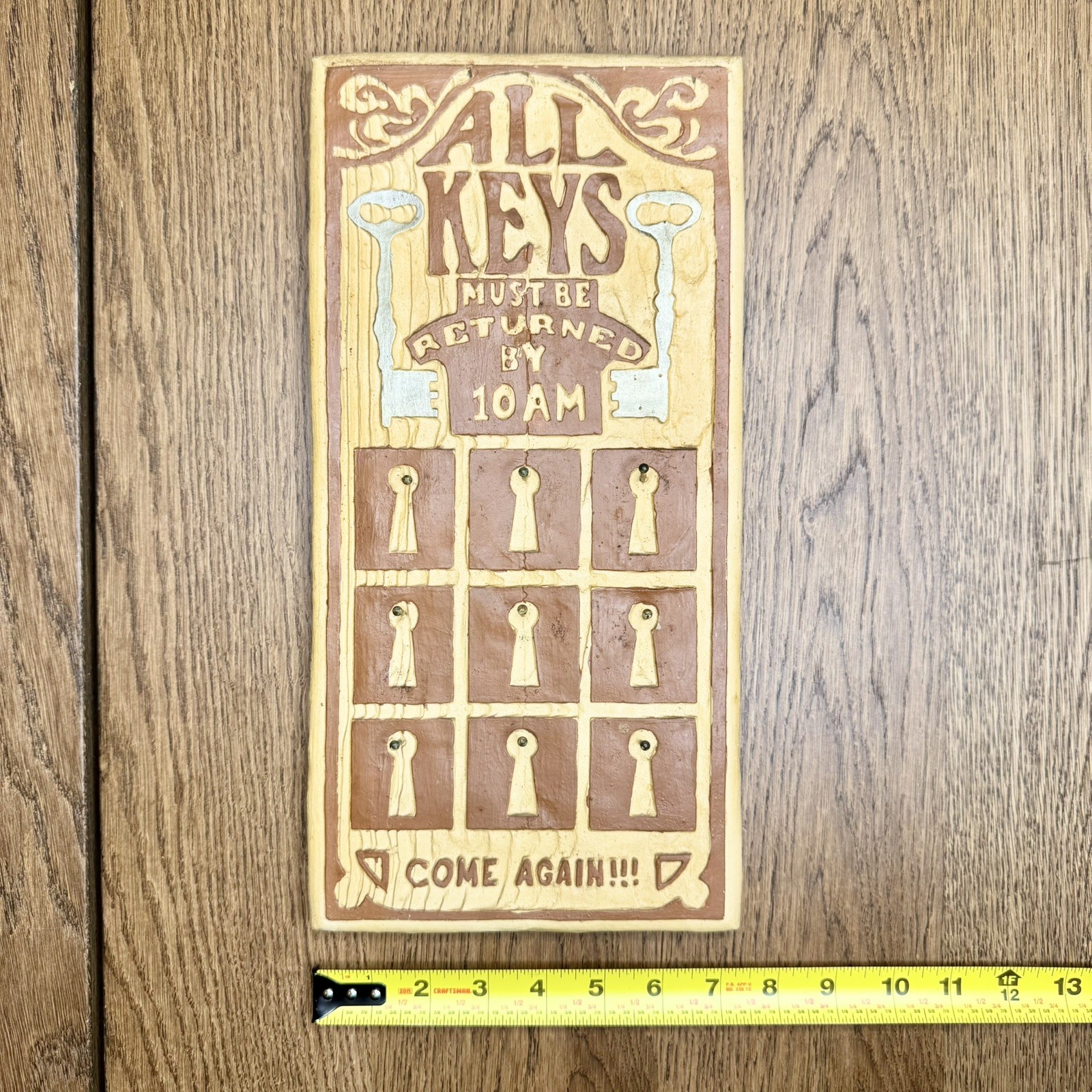 Vintage Rustic Key Hook Holder Wall Rack “All Keys Must Be Returned By 10AM”