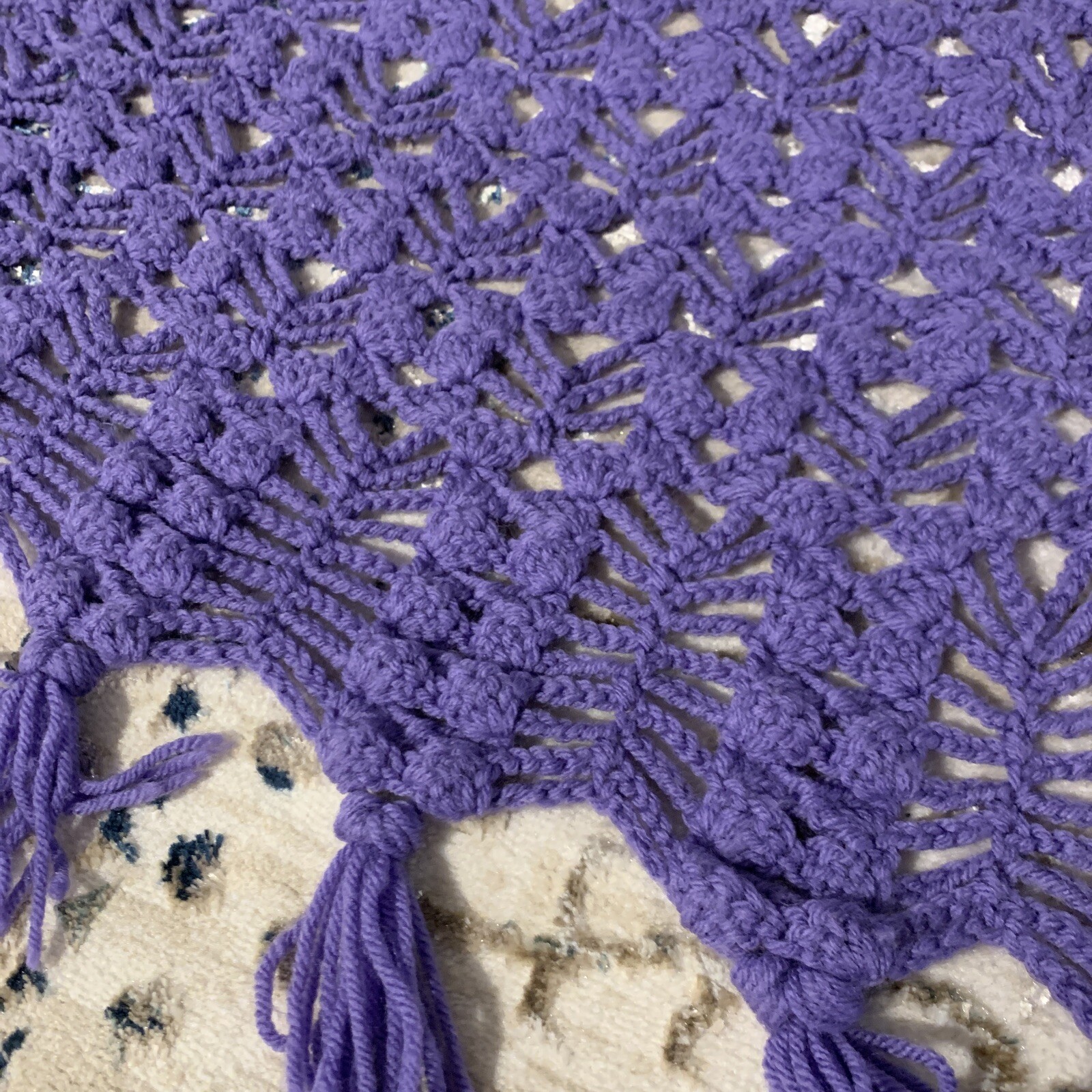Hand Crocheted Violet Purple Afghan Throw~Fringed~Beautiful Pattern~42” X 70”