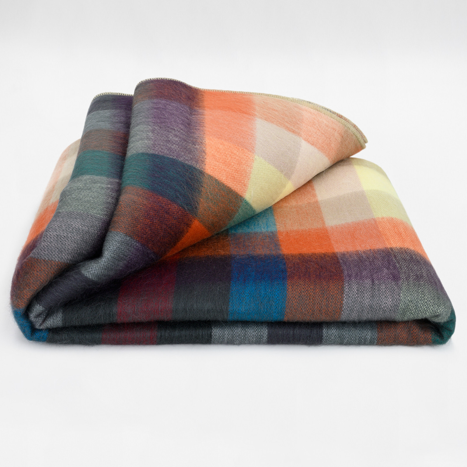 COZY CHECKER ALPACA WOOL BLANKET 96″ x 66″ MULTICOLOR PLAID IN ORANGE BLUE BROWN