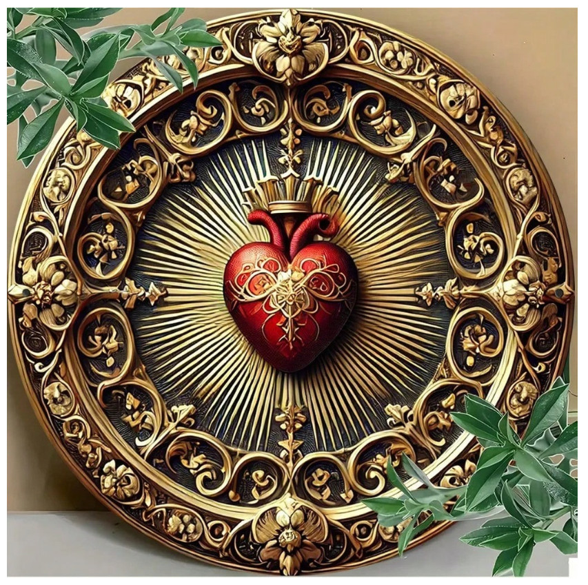 Vintage Sacred Heart Aluminum Wall Art – Golden Red Religious Decor, Home Office