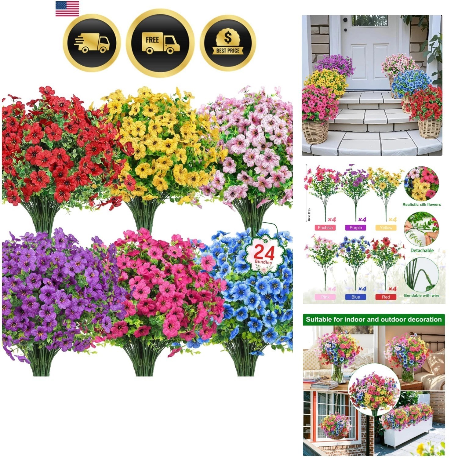 24 Bundles Artificial Flowers for Outdoors Fake Silk Flowers UV Resistant Fau…