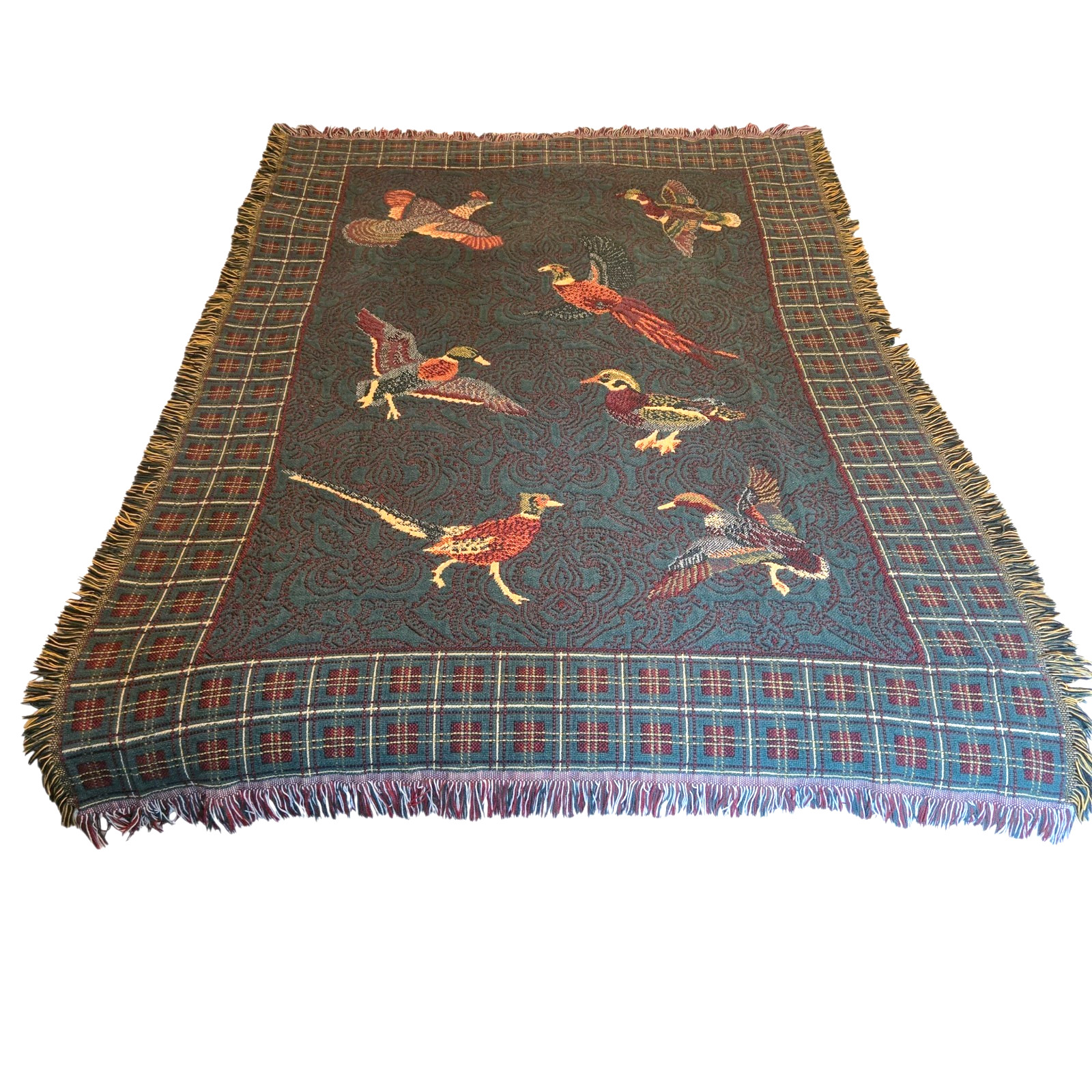 Vtg Goodwin Weavers Throw Blanket Plaid Game Birds Pheasant Duck Hunting Lodge