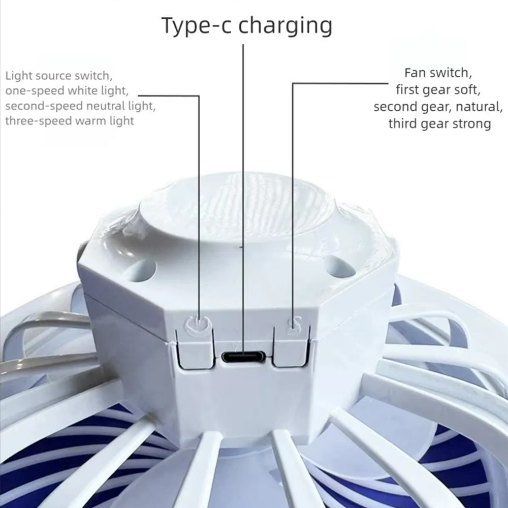 Portable Camping Ceiling Fan Rechargeable Tent Fan with 3 Colors Adjustable ATQ