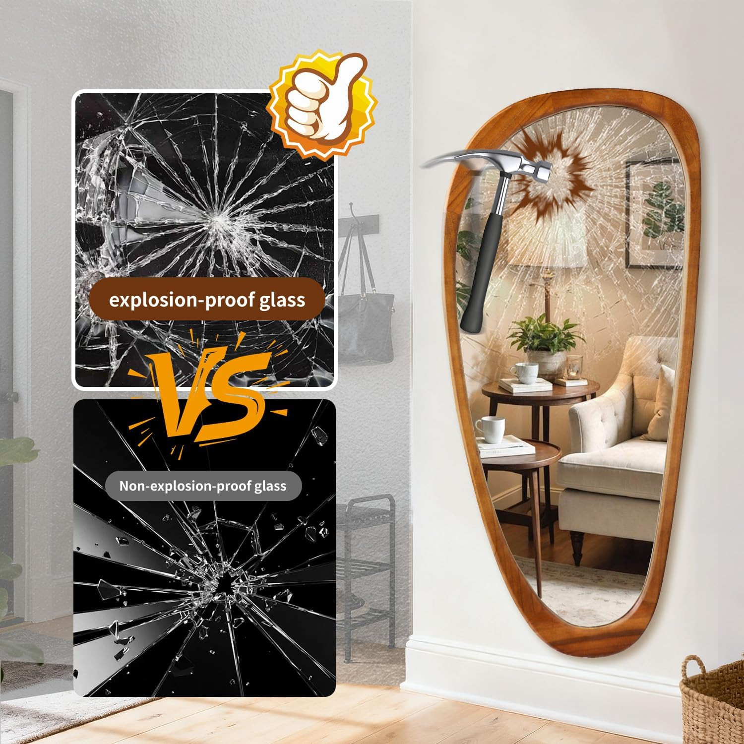 Unique Asymmetrical Wooden Mirror 48″ X 22″ for Living Room & Entryway