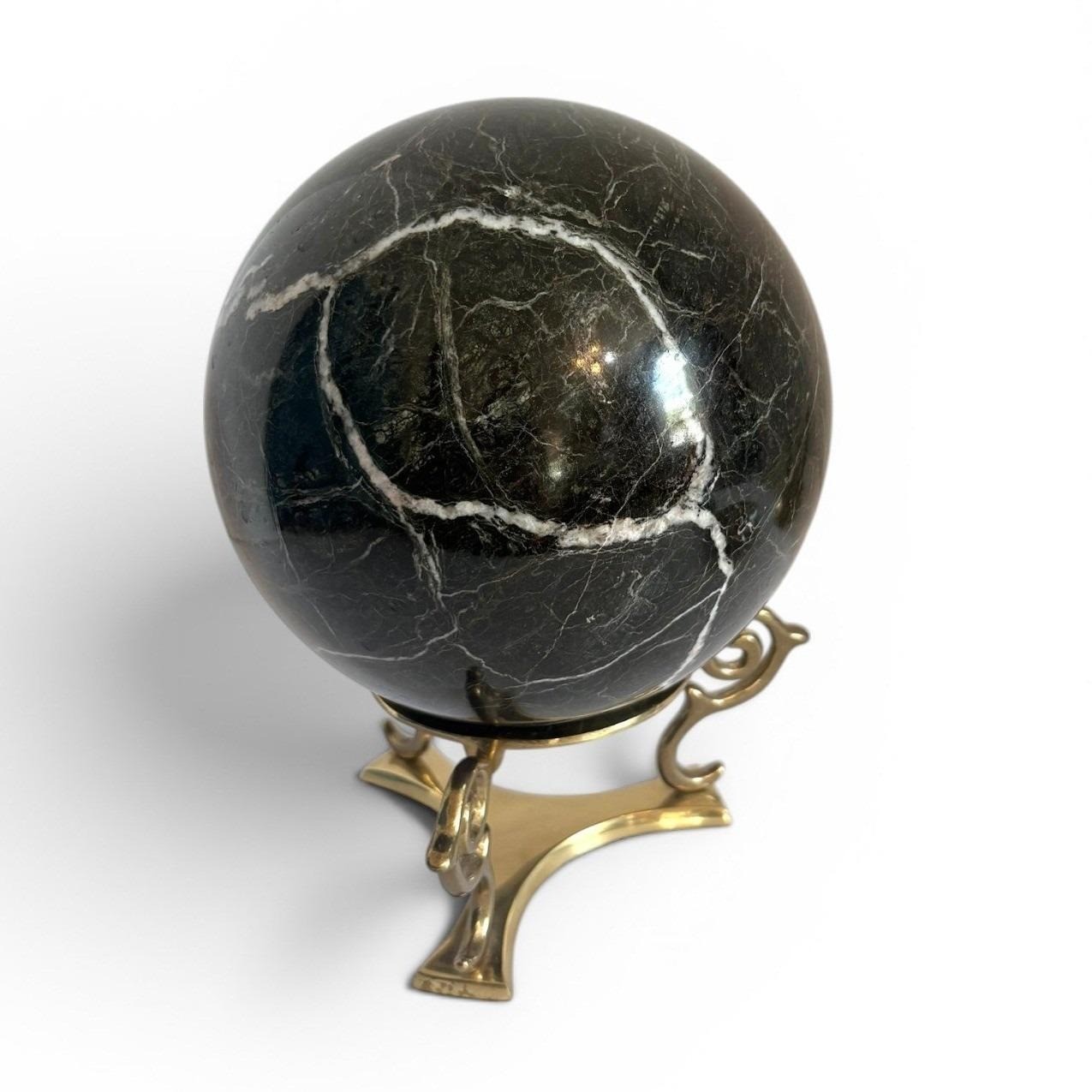 Vintage Large Black Marble Sphere + Scrolled Brass Tripod Stand Decorative Orb