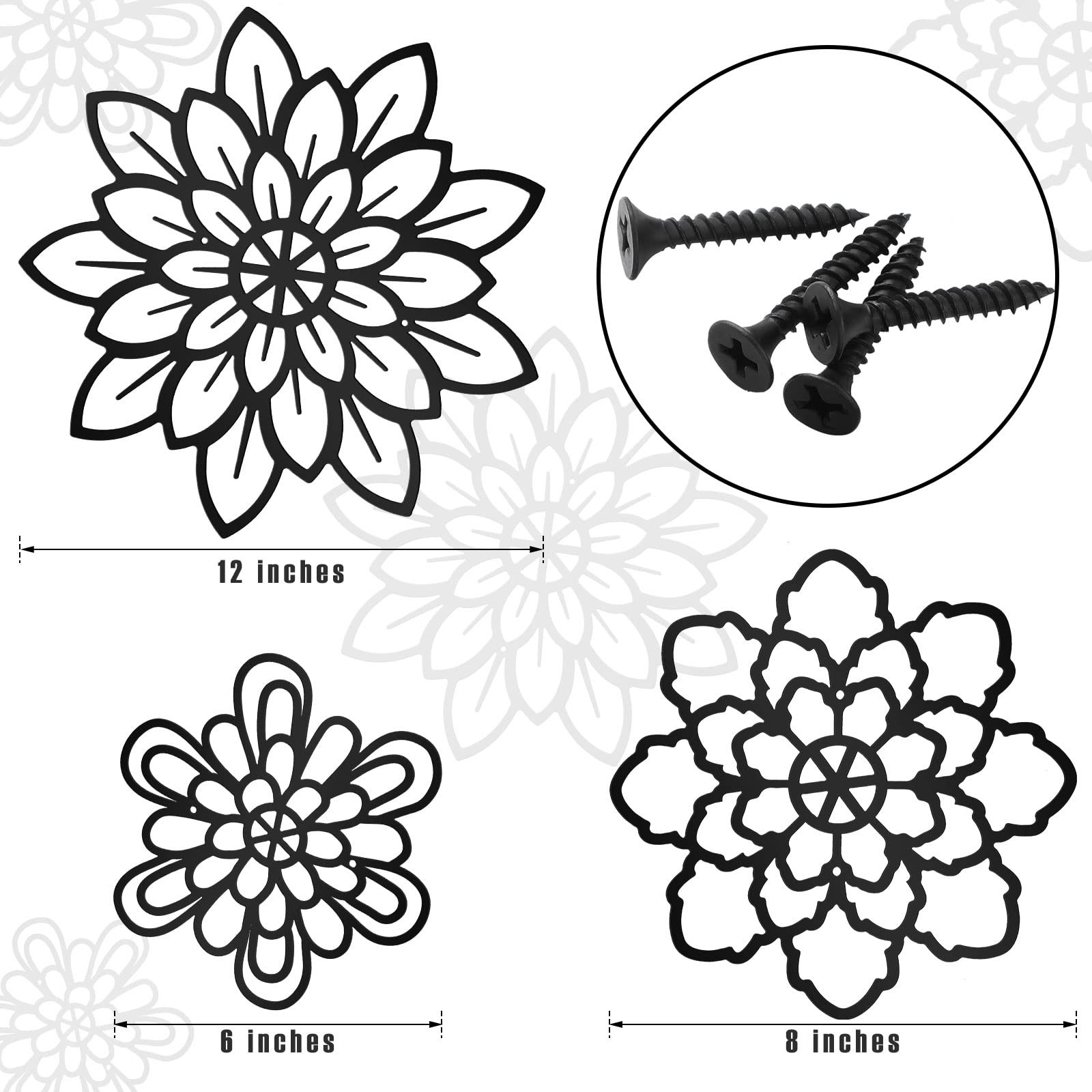 Modern Black Metal Flower Wall Art Set Of 3 Decorative Home Decor