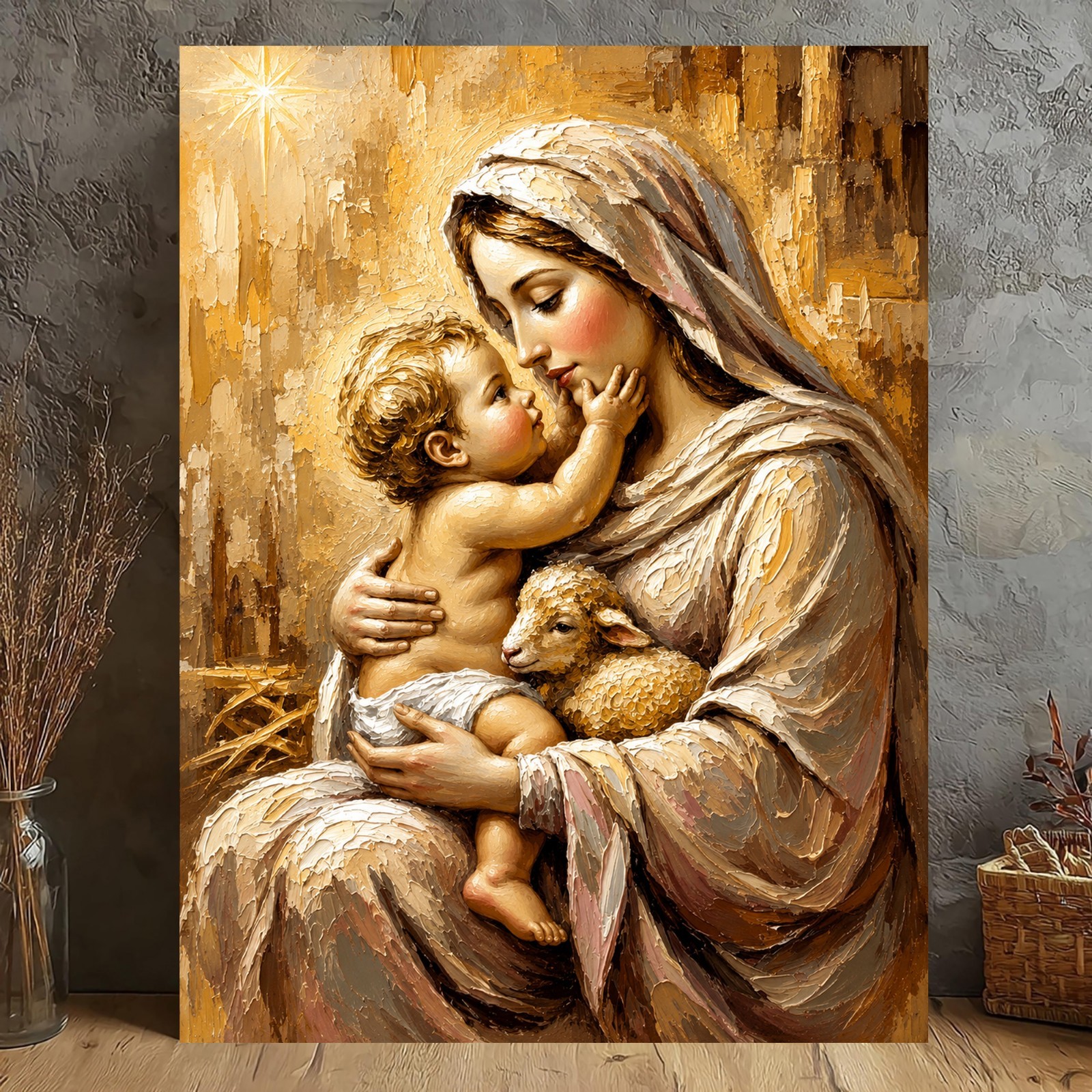 Virgin Mary and Baby Jesus Canvas Print Christian Wall Art Lamb Religious Decor