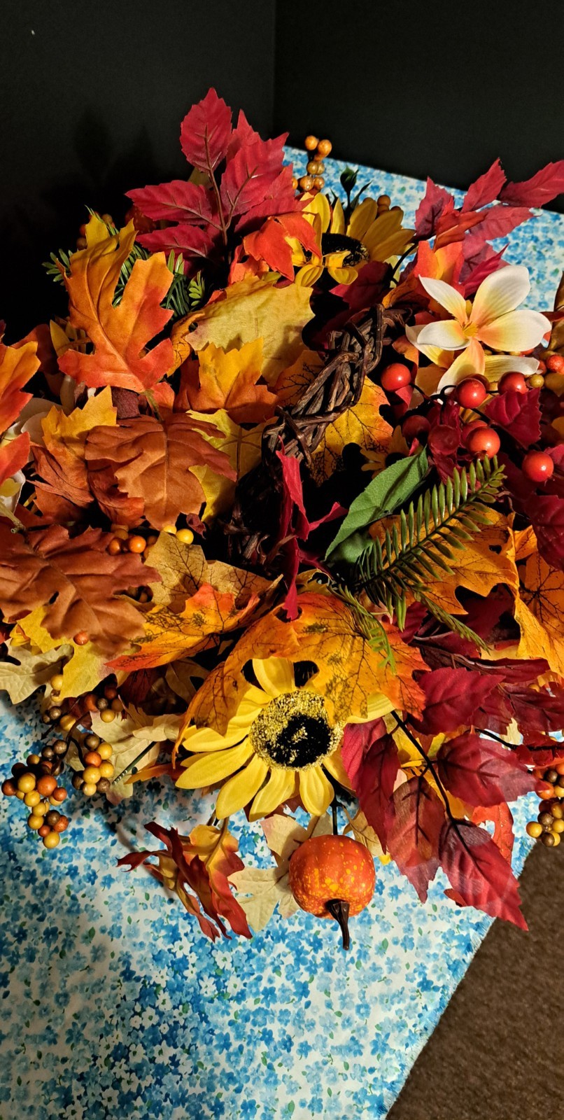 Fall Bouquet In Grapevine Basket Silk flowers Leaves And Berries 17″ X 18″ X 10″
