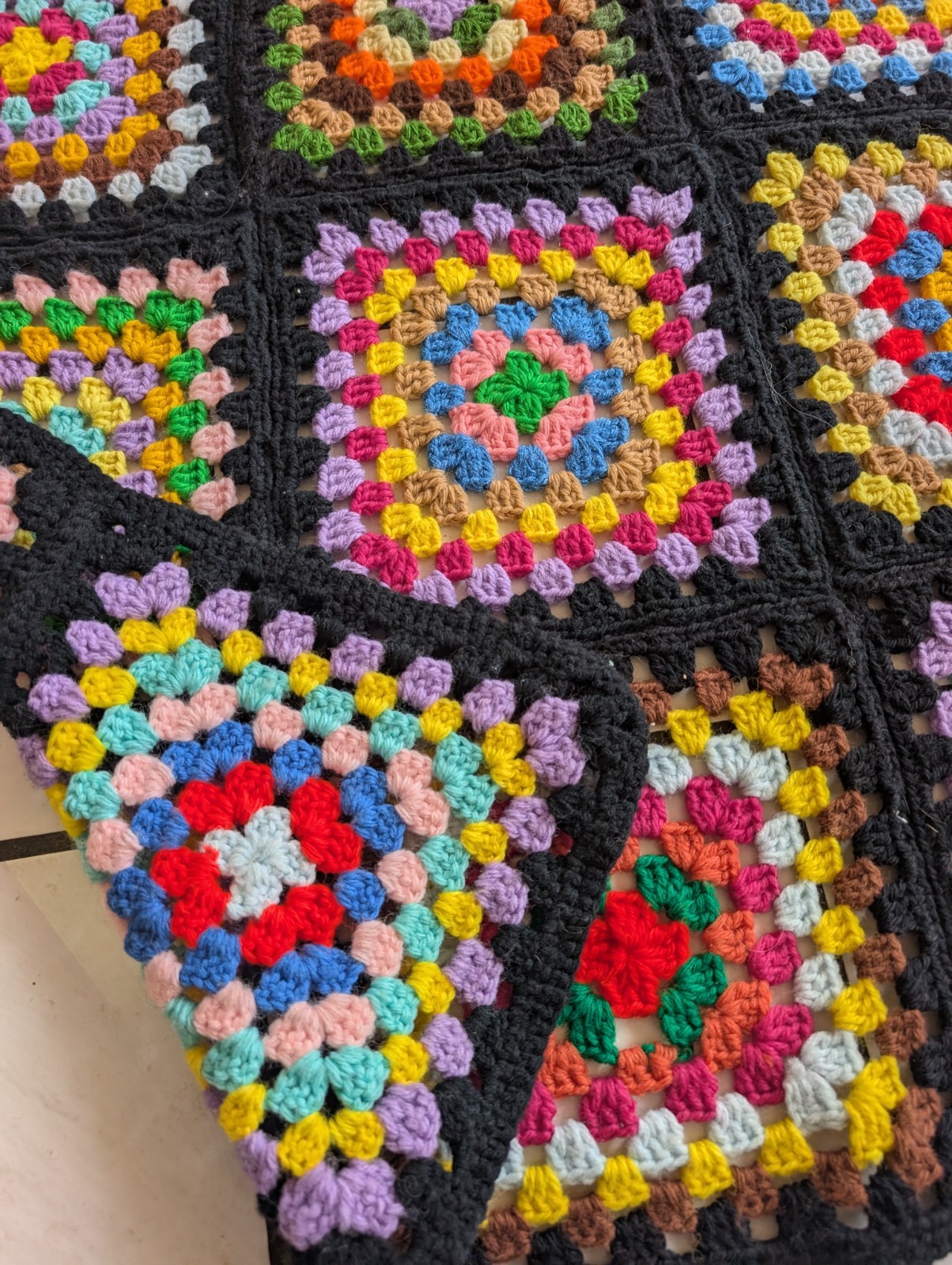 Handmade Granny Square Crochet Blanket Afghan Colorful Vintage Neon Retro 62×69