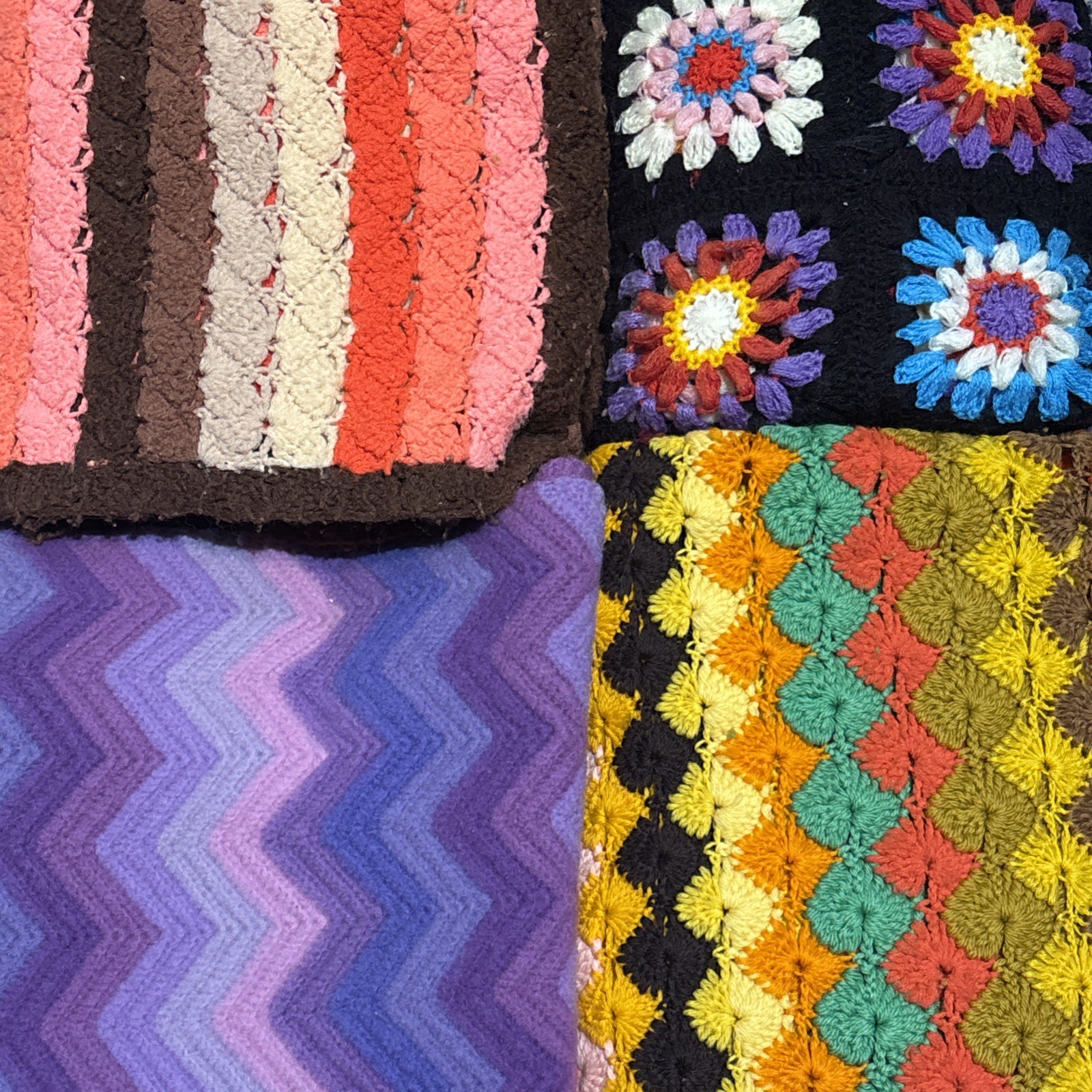 (4) VTG 60’s Colorful Granny Square Geometric Crochet Afghan Lap Throw Blankets