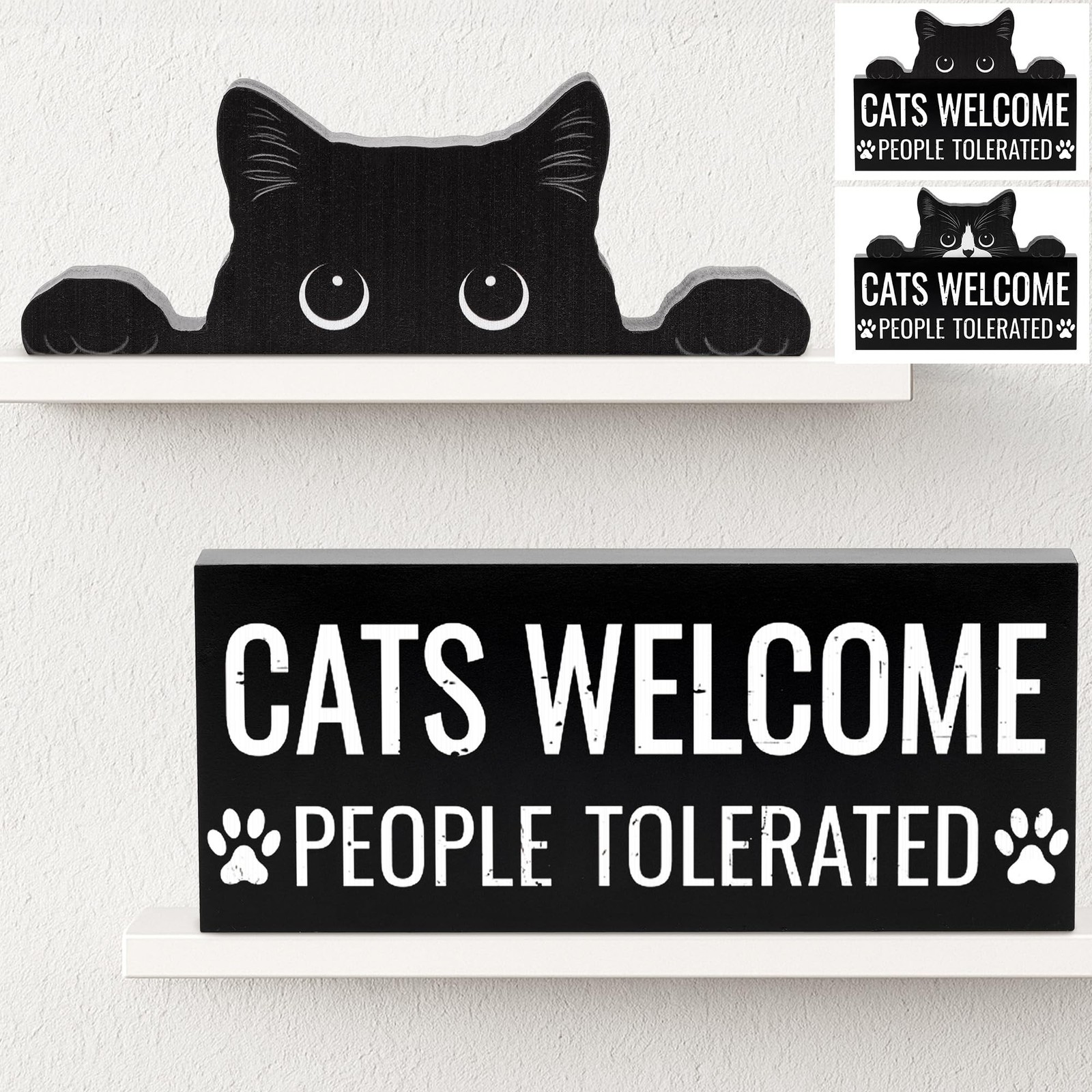 2 Pack Funny Cats Decor 9.1” × 3.9”, Wooden Cat Lover Gifts with Black &