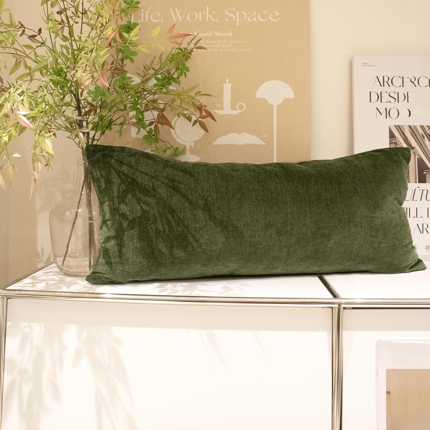 Chenille Lumbar Pillow Covers 14×36 inch, Moss Green Spring Decorative Pillow
