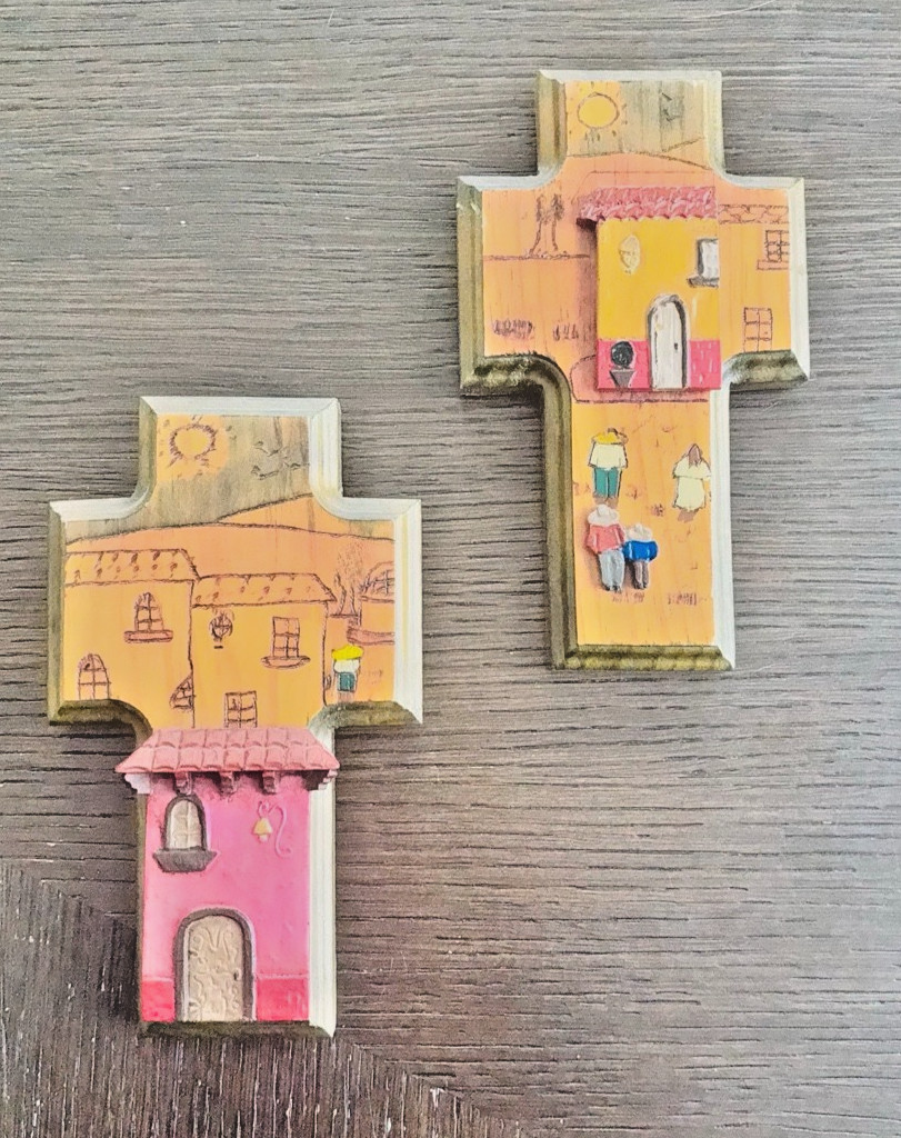 Handmade Peruvian Folk Art Wooden Cross Wall Hanging Set of 3 Village Scene