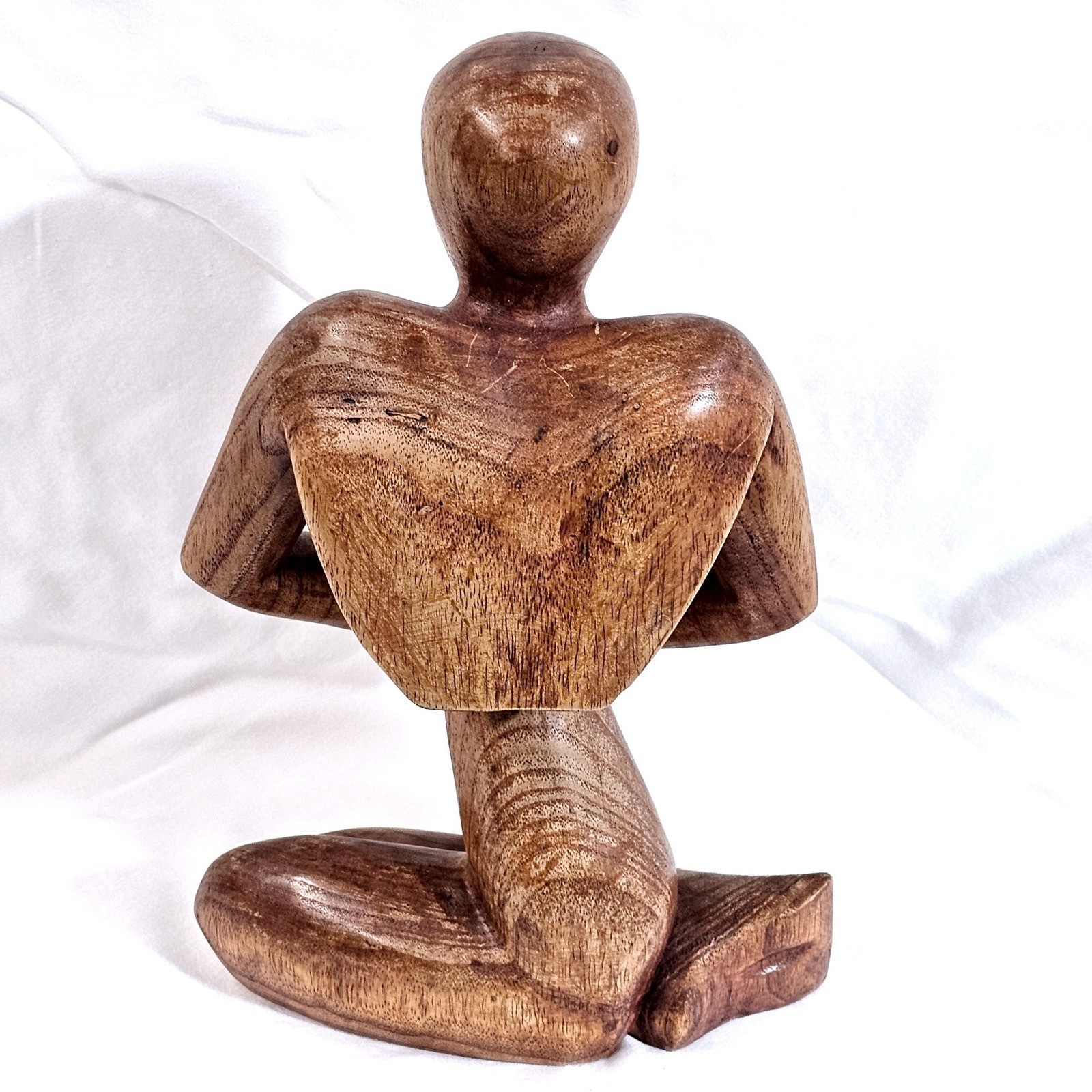 Modernist Solid Wood Thinker Sculpture Hand Carved Seated Human Figure 12″ EUC