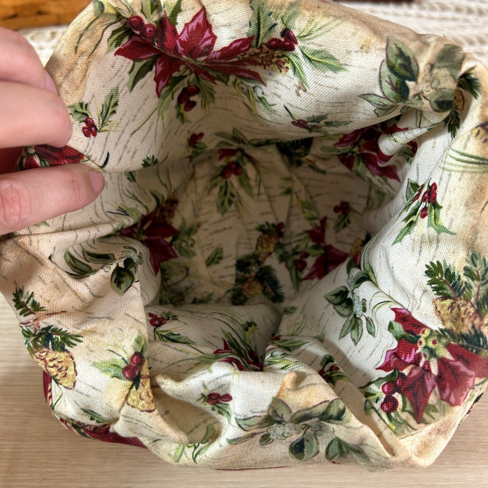 Vintage Longaberger Christmas Woven Basket Liner Fabric Poinsettia Pine Cones