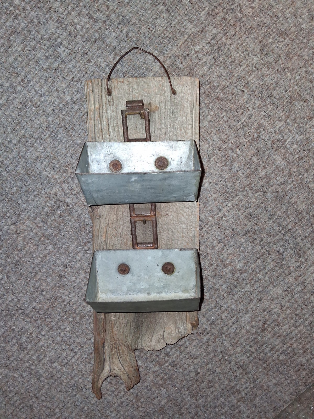 Vintage Galvanized Steel Multipurpose Bins On Rustic Wood Wall Plaque 17″ x 5″