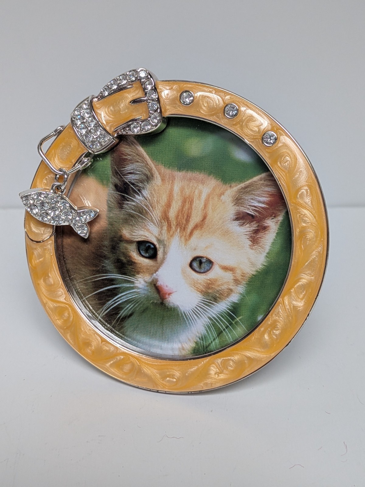 Beige Yellow Free Standing Round Collar Pet Picture Frame Enamel Cat Rhinestone