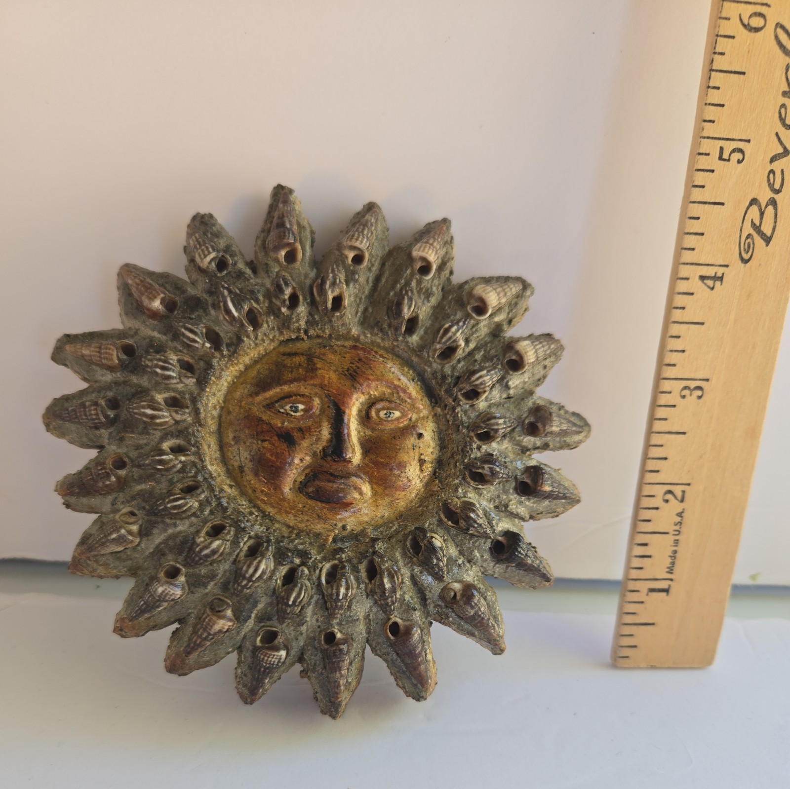 Heavy 5″ x1.5″ thick Ceramic / Clay Sun Face wall Hanging w Sea Shells unusual