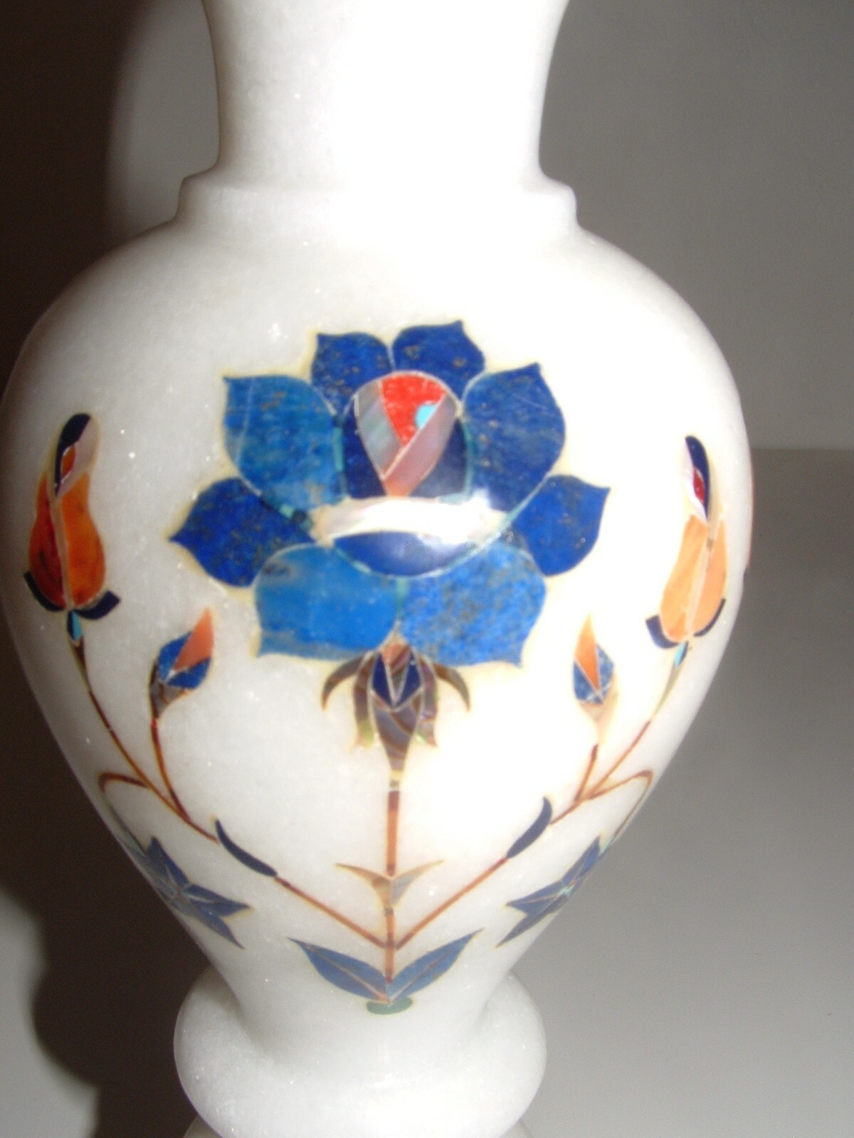 Floral Design Inlay White Marble Type Bud Vase, 8″ Tall, Age Unknown, pre-owned