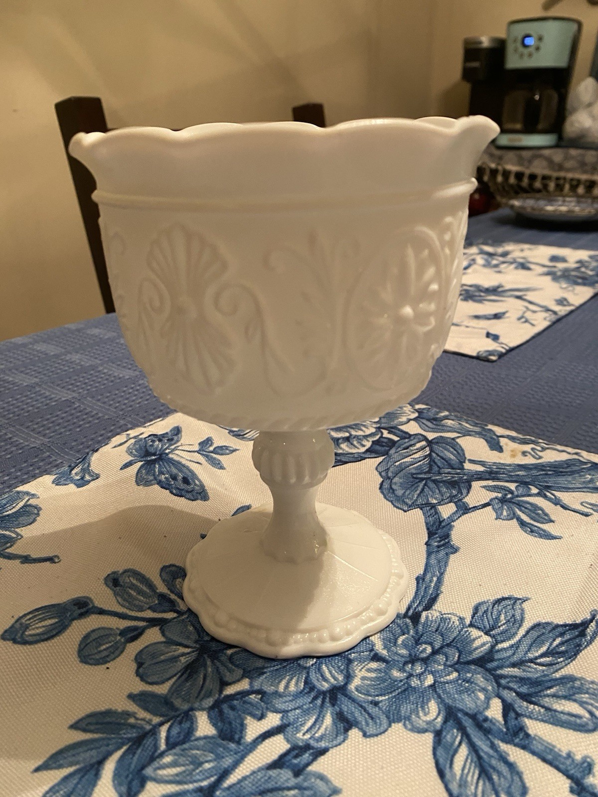 Vintage Glass Milk pedestal compote bowl with ruffled rim *small Chip See pic