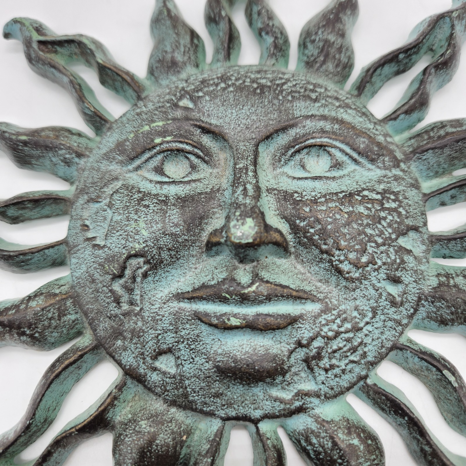 Metal Cast Iron Sun Face Wall Hanging Plaque Painted Faux Green Patina Look 8″