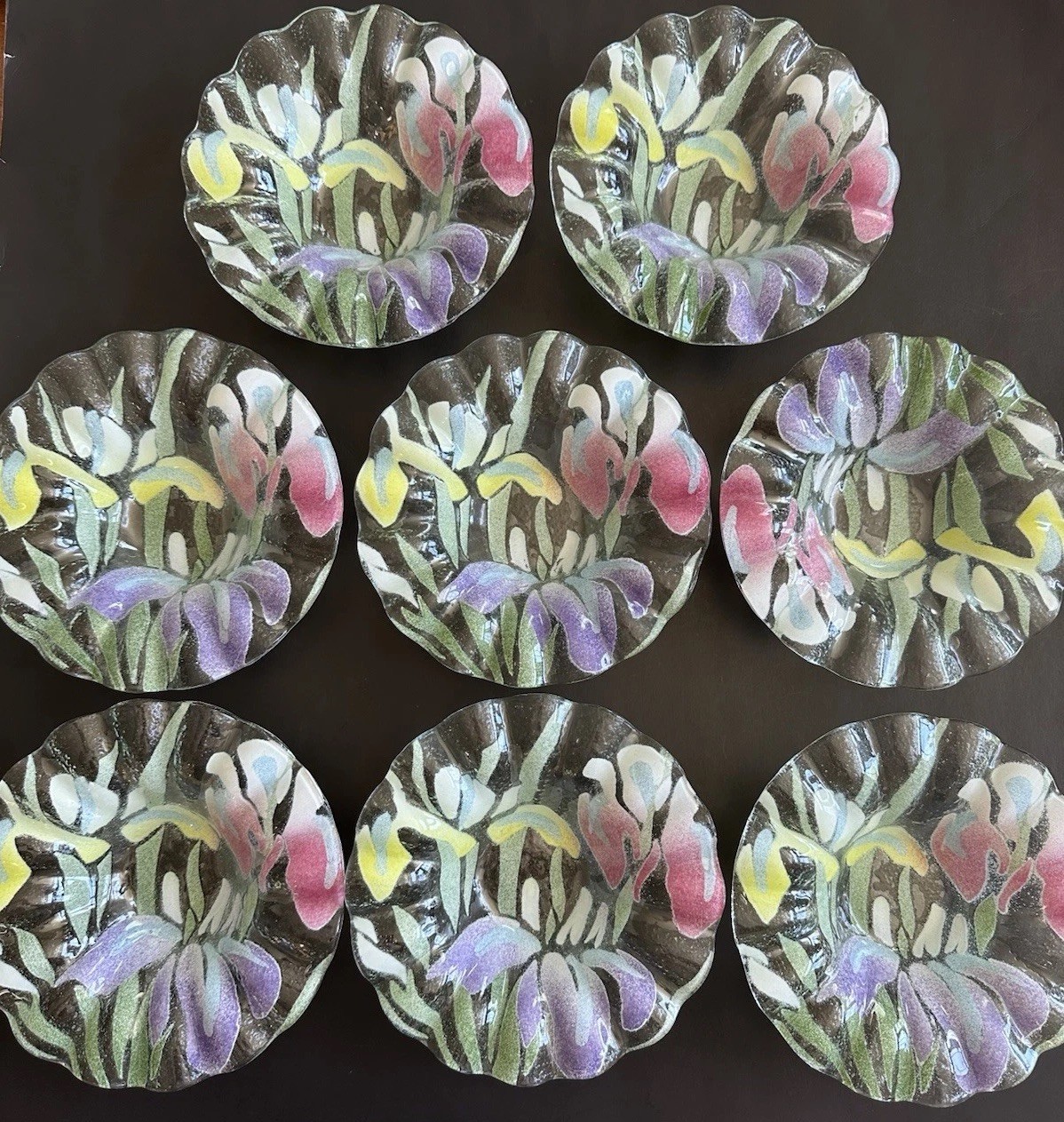 SYDENSTRICKER vintage IRIS Fused GLASS BOWLS Set 8 Floral RUFFLED fluted Signed