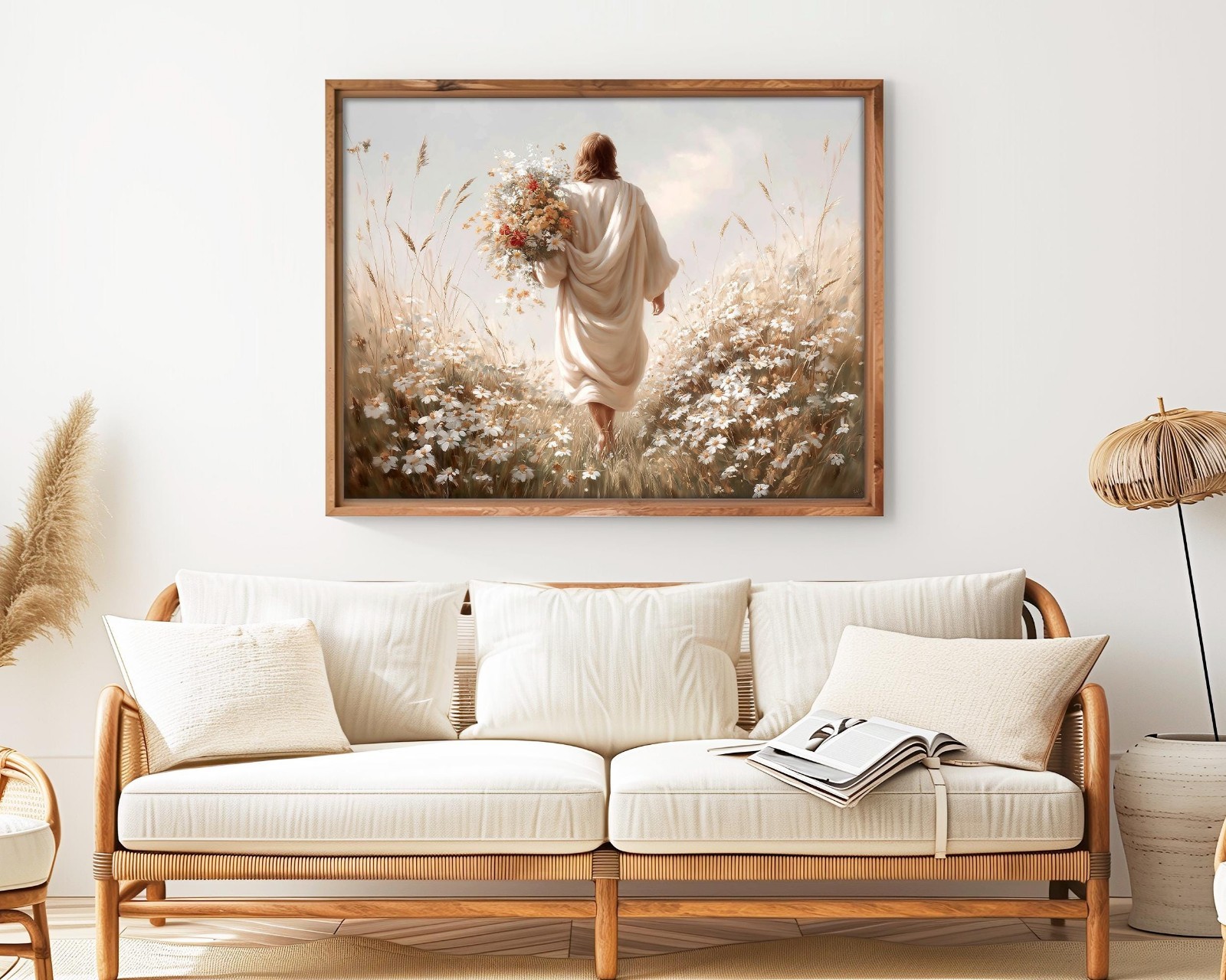 Jesus Walking in Wildflower Field Canvas – Christian Wall Art – Faith Gift