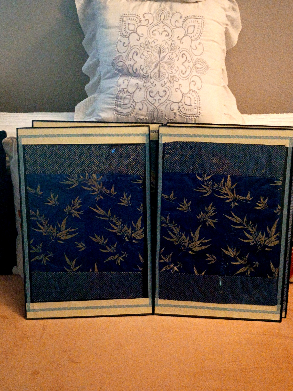 2pc Wallart 12×18 in Front Load Framed Japanese Bamboo silk & Greek Key Fabric