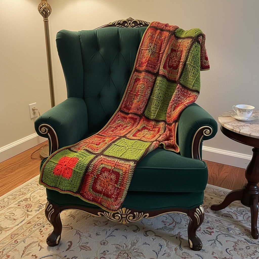 Hand Crocheted Granny Square Throw Blanket Boho Cottagecore Green Coral Afghan