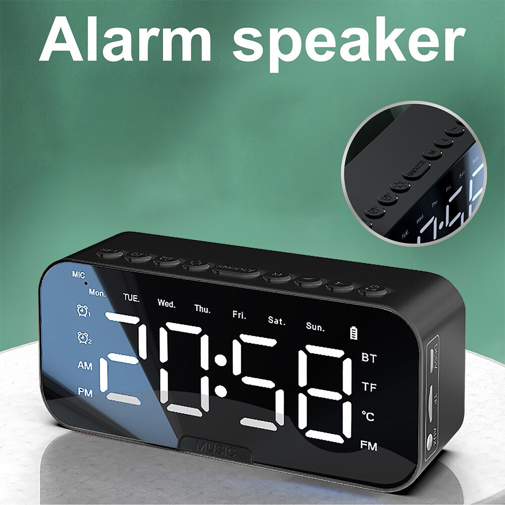 Portable Digital Alarm Clock FM Radio Wireless Bluetooth Mirror LED With Speaker