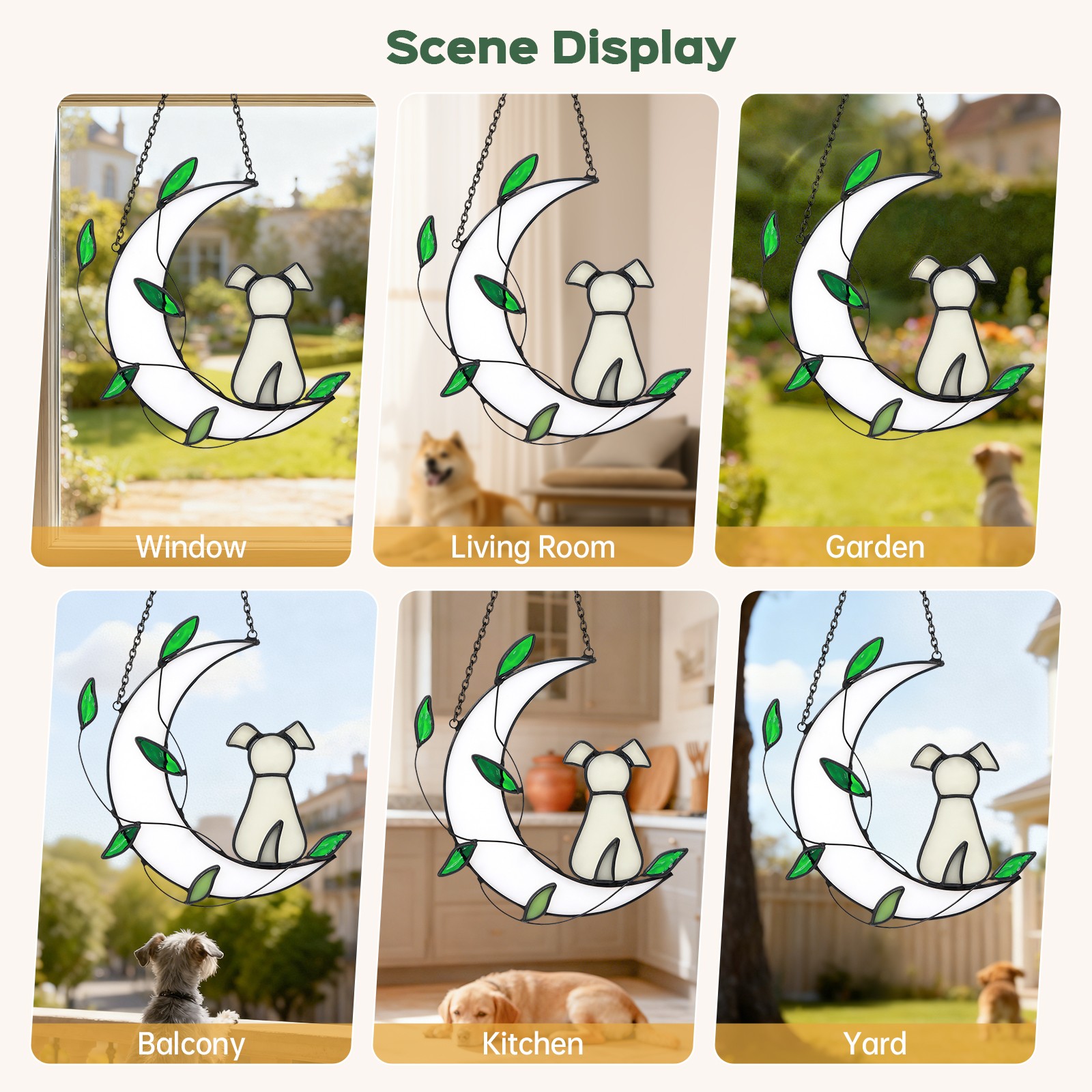 Green Leaf Dog Sunlight Catcher – Moon-Inspired Outdoor Window Hanging Gift
