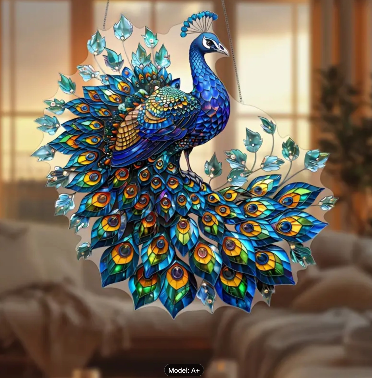 Bohemian Peacock Suncatcher – 8″ Acrylic Colorful Stained Glass Look, Art Deco