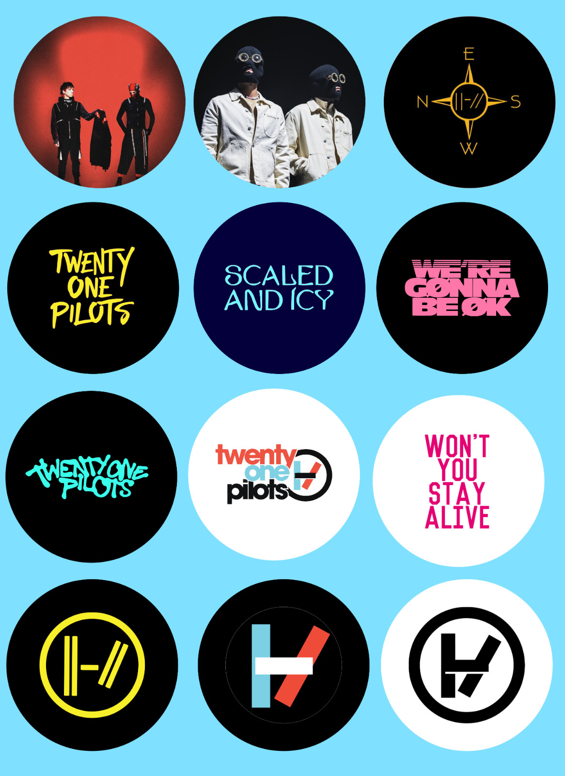 Twenty One Pilots sticker sets, Water Resistant, easy peel, 2-3″, 12 Sets