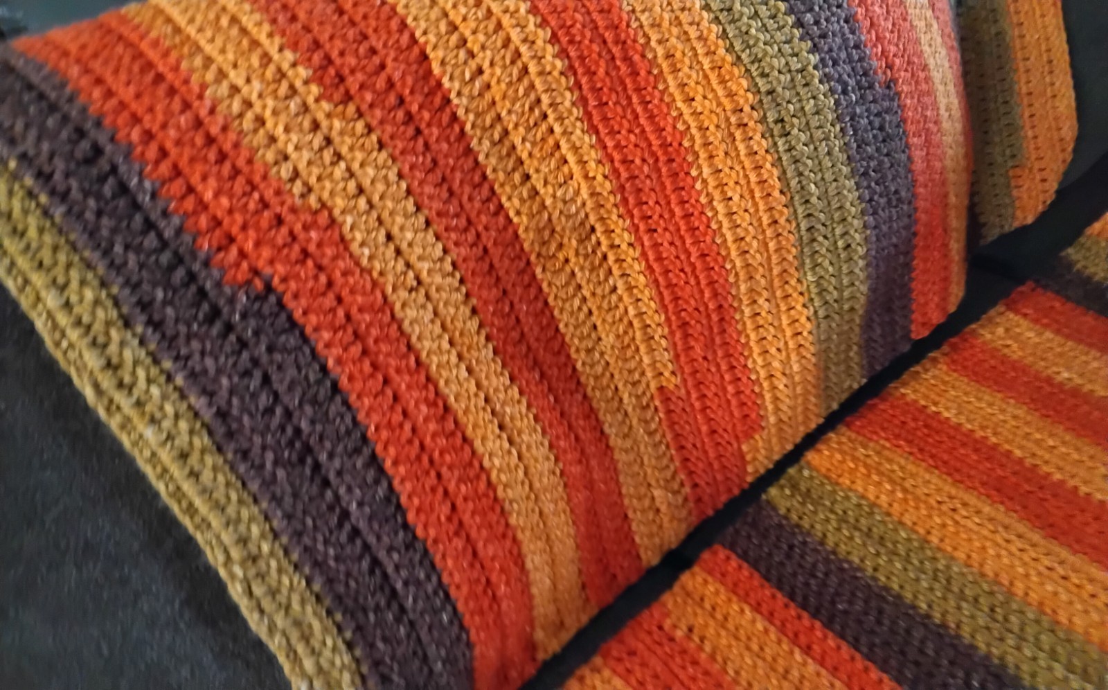 70s Vintage Knit Crochet Afghan Orange Green Brown Throw Blanket Boho Set Of 2