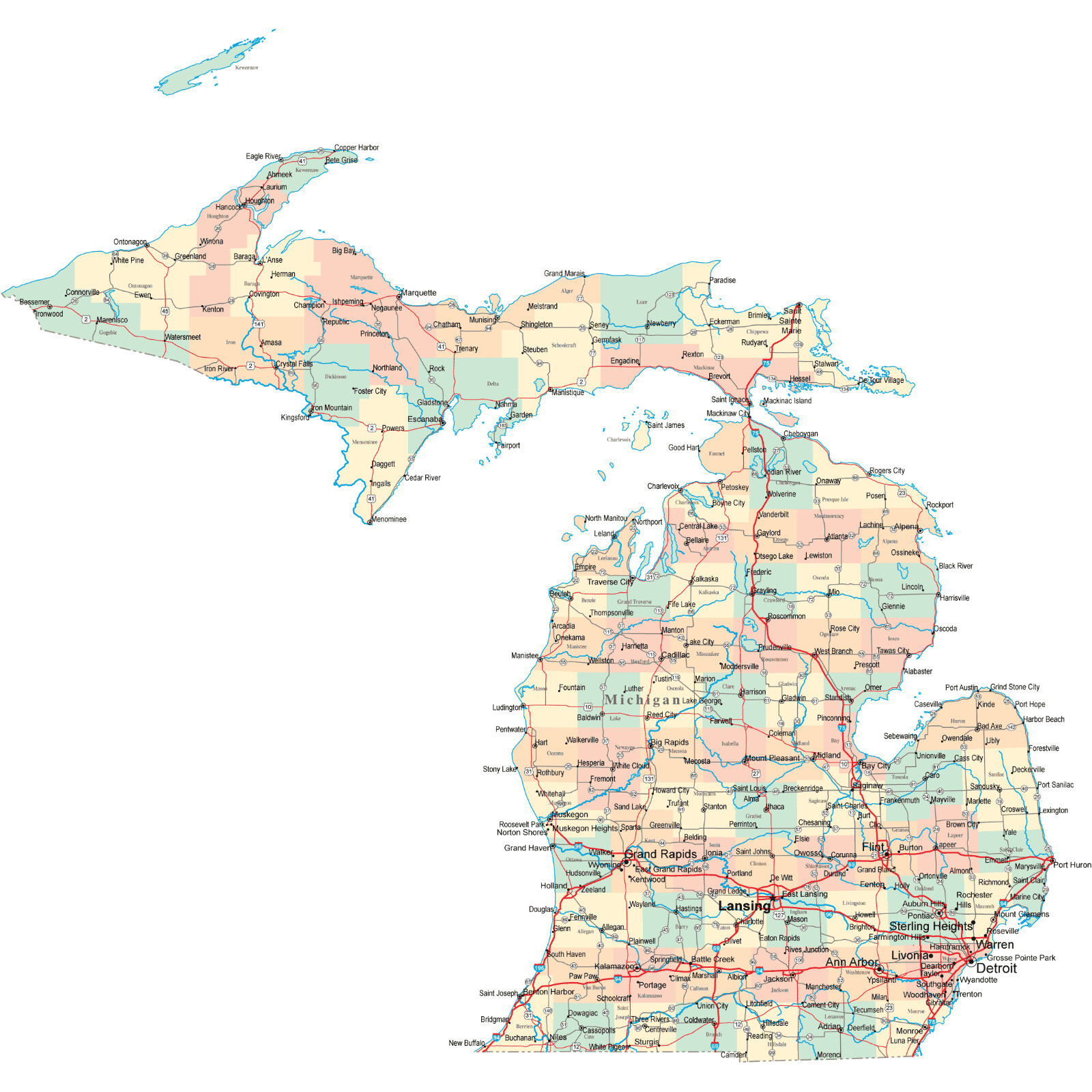 Michigan State Map County City Roads Lansing Wall Print Photo Poster