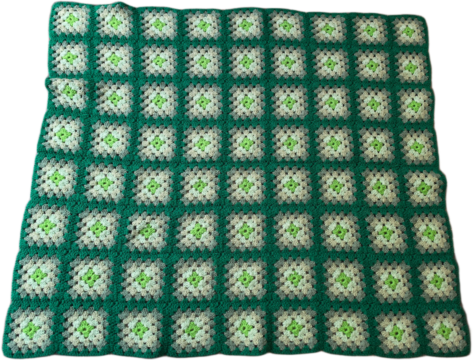Vintage Handmade Crochet Green Afghan Throw Granny Square Blanket 50″ x 44″