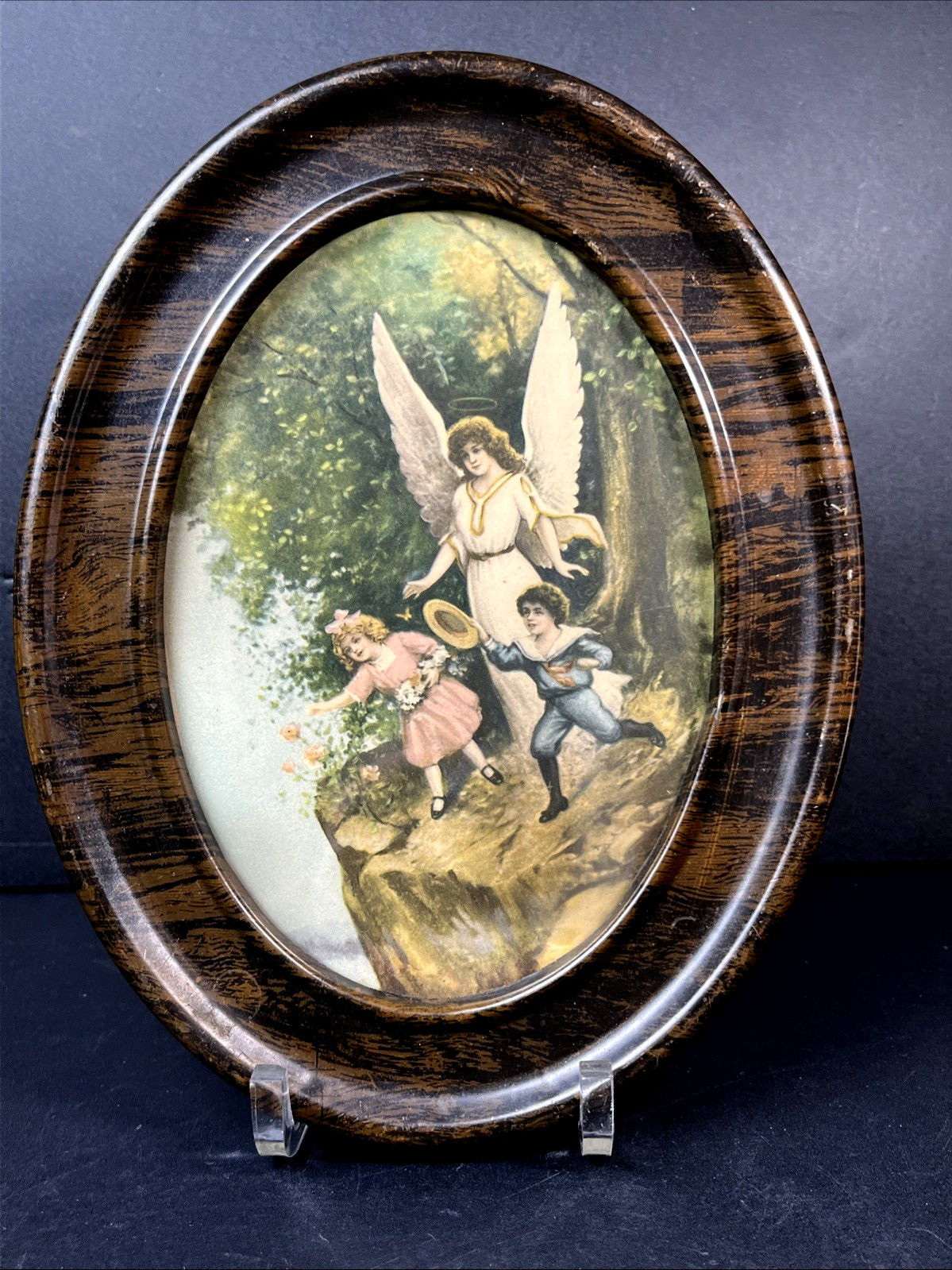 Antique Litho Guardian Angel W/ 2 Children Playing Metal Framed Oval Picture