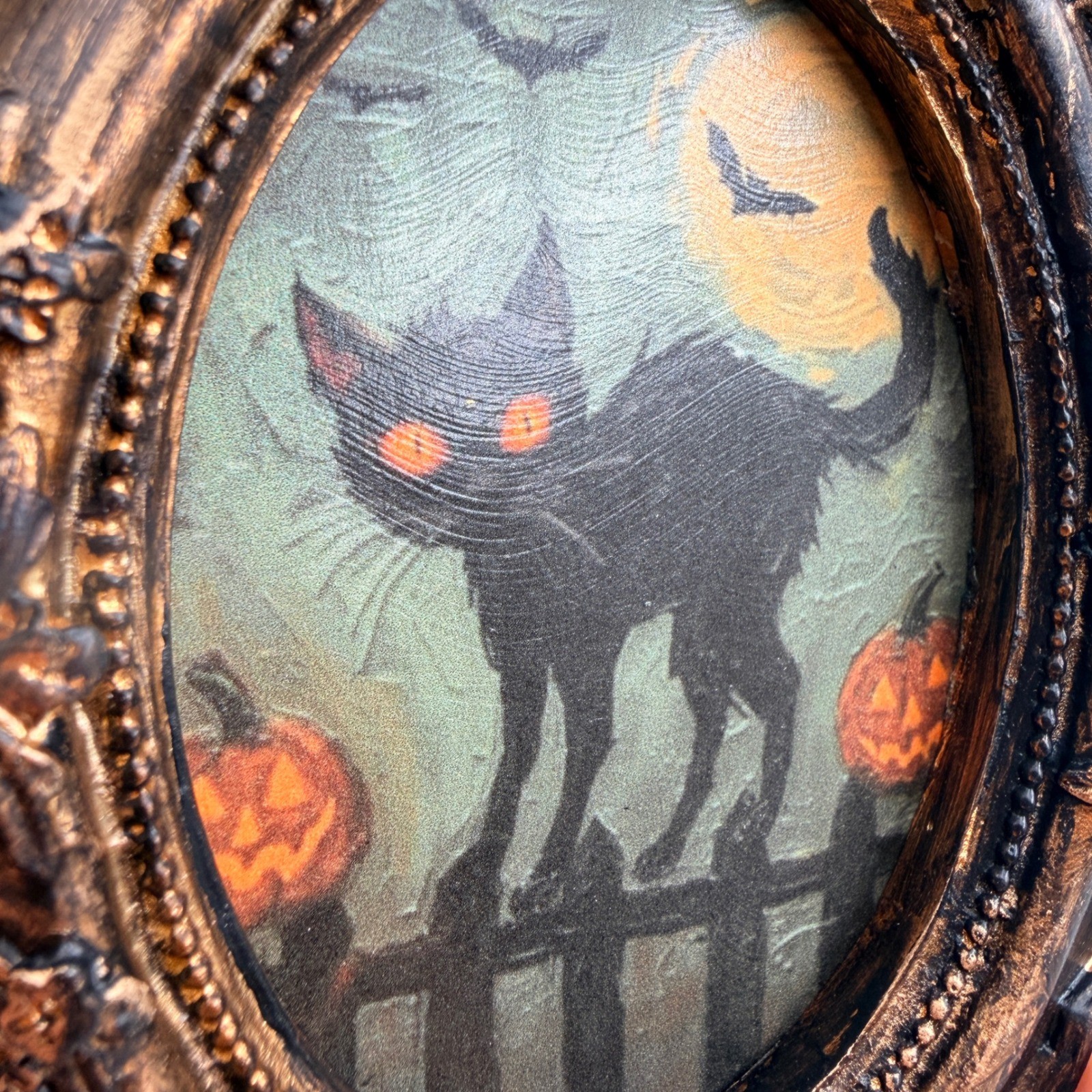 Vintage Style Halloween Black Cat Art Ornate Bronze Resin Frame 4.25in Mini