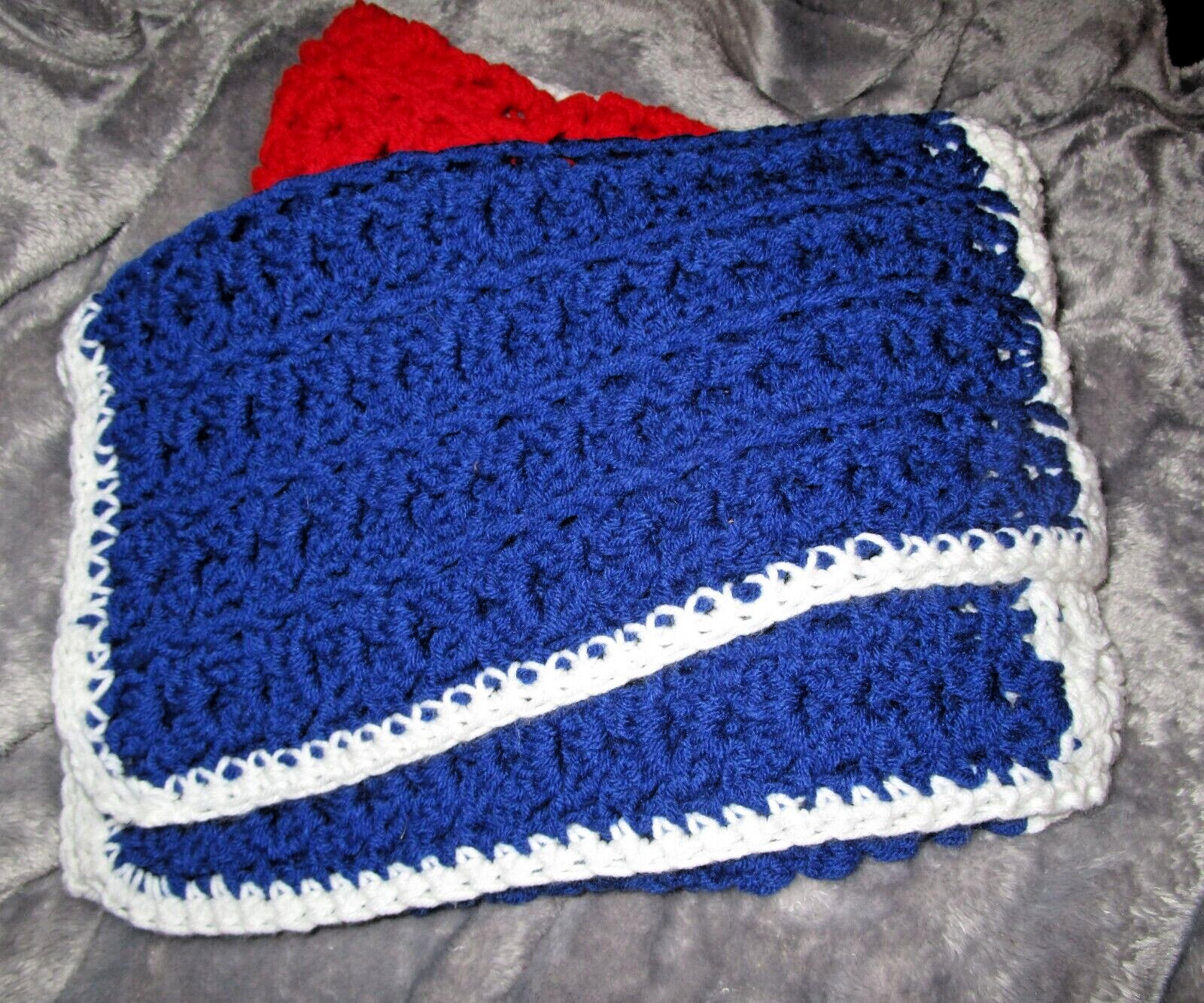 Vtg Handmade Red White & Blue Colorblock Crochet Wheelchair Lap Blanket 40×47