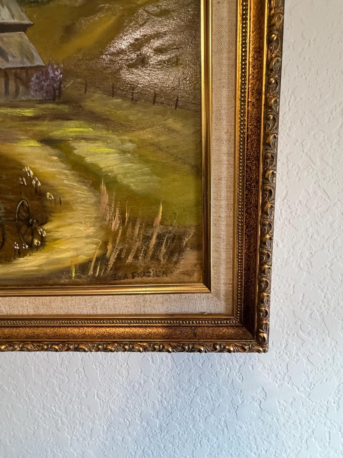 Vintage Oil Painting Signed Iva Frasier Barn Landscape 20×24 Gold Frame