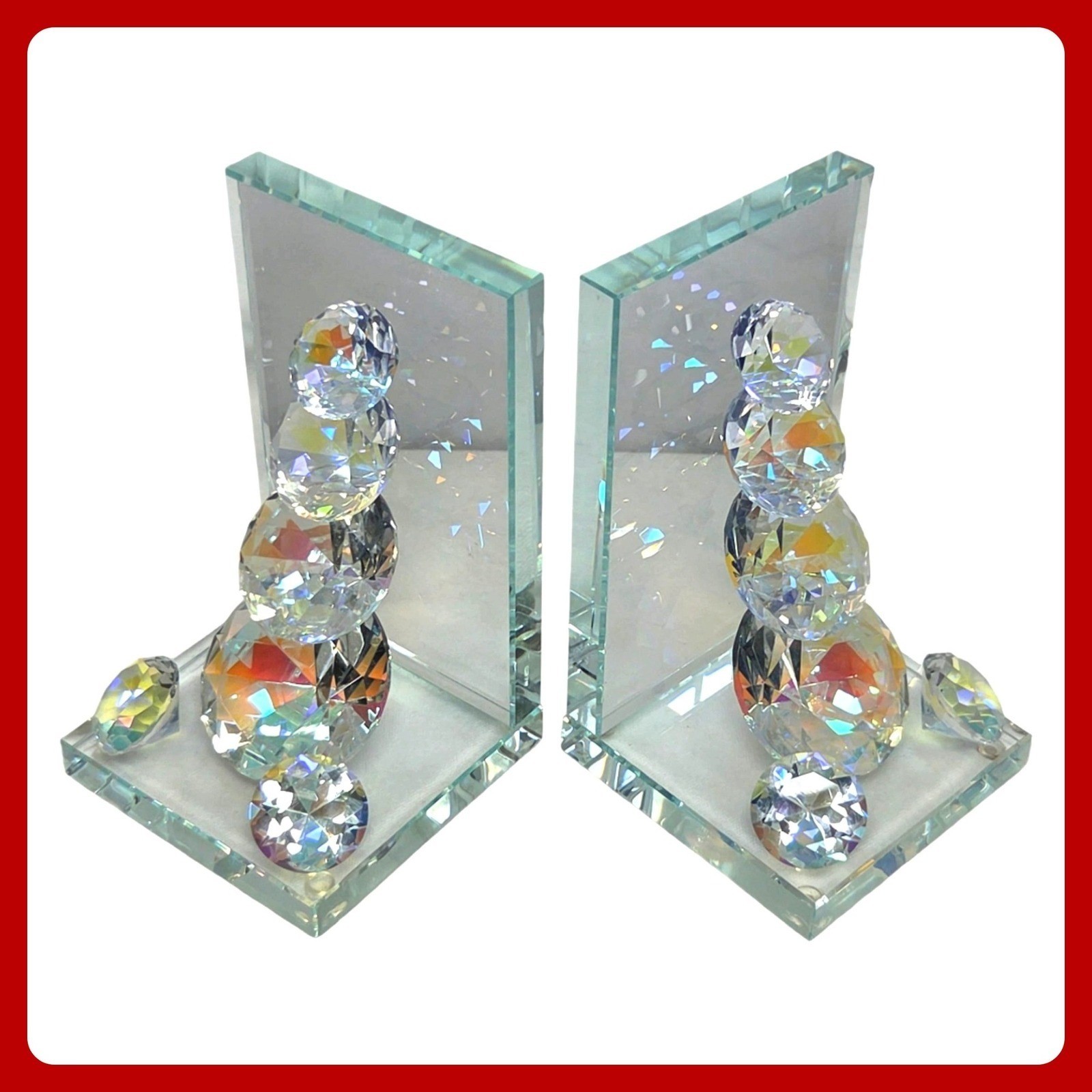Iridescent Crystal Glass Bookends Stacked Diamond Aurora Borealis Set of 2 NEW