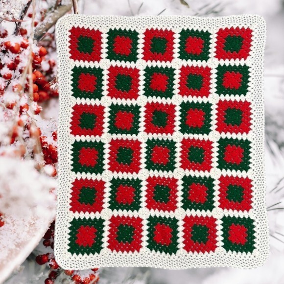 Vintage Hand Crocheted Knitted Christmas Red White Green Granny Squares Afghan