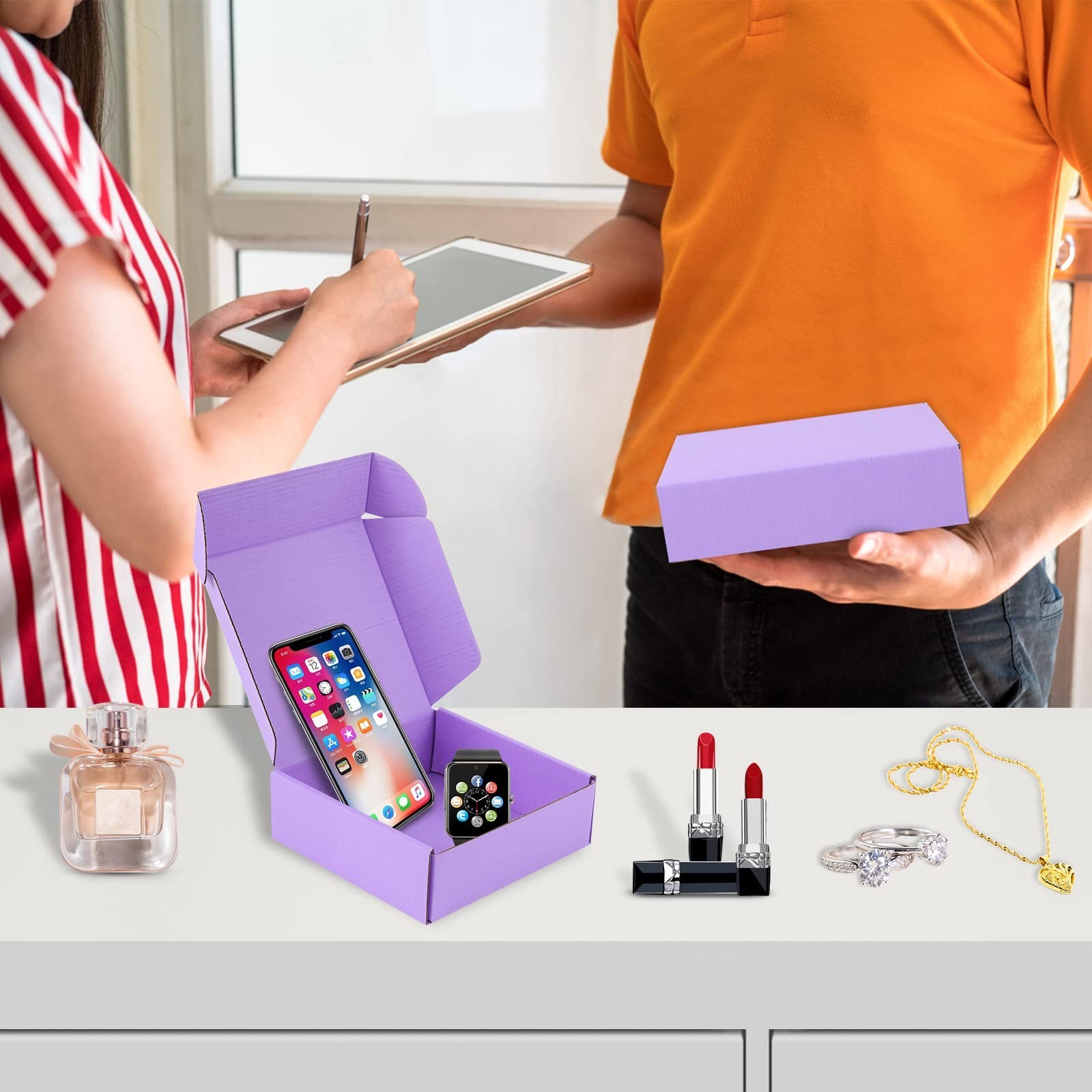 25 Pack Small Shipping Boxes Purple Corrugated Cardboard Box 7x5x4 inches，