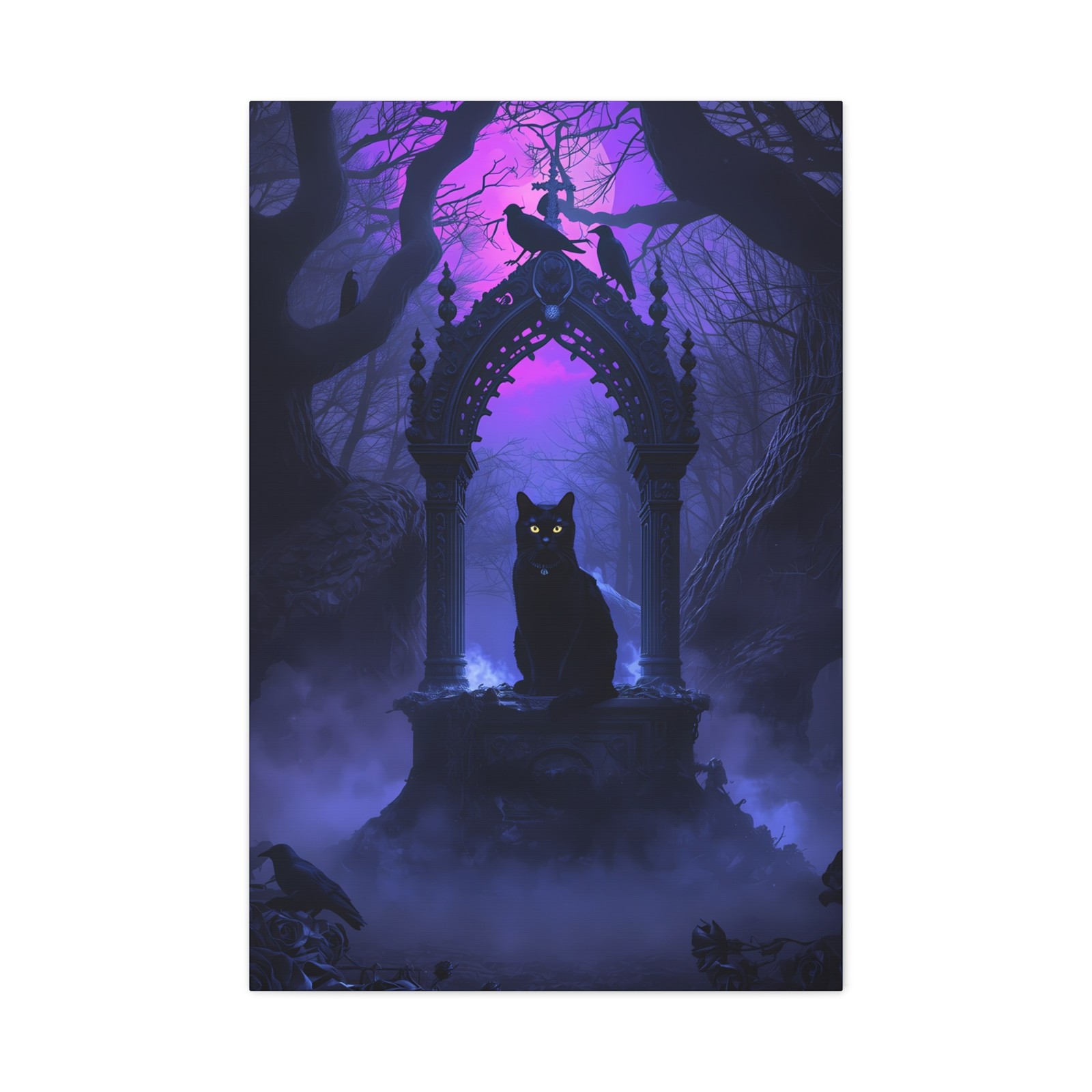 Gothic Black Cat Canvas Wall Art Dark Fantasy Altar Ravens Print