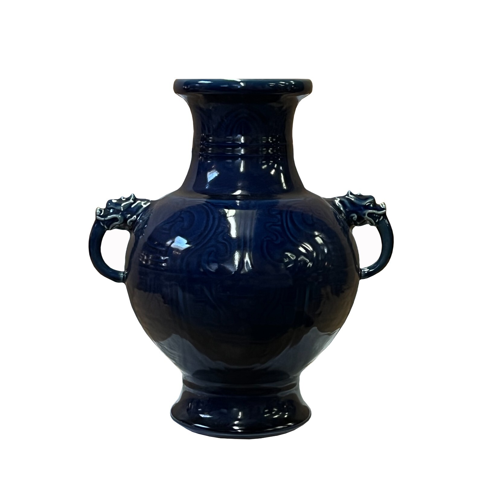 Chinese Dark Navy Blue Glaze Ceramic Dragon Ears Vase Display ws2609
